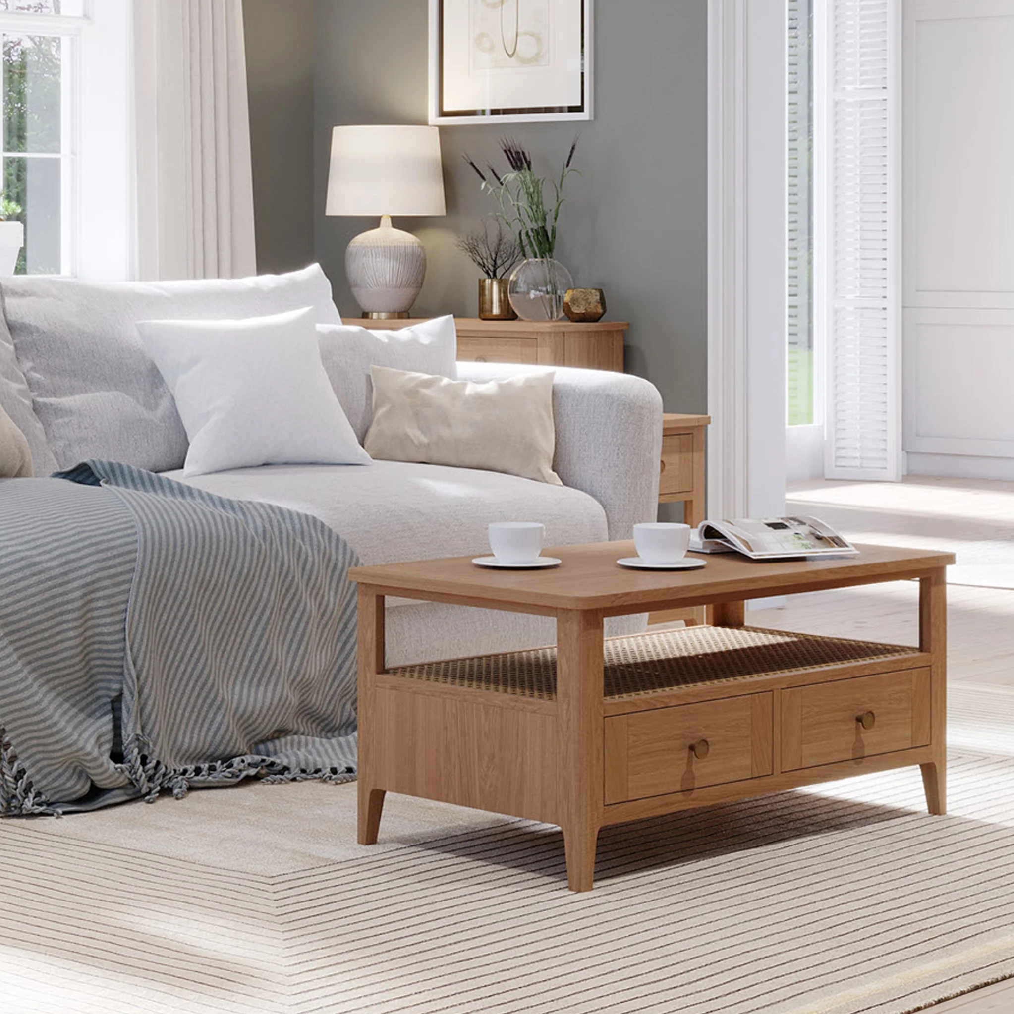 Albany Oak & Rattan 2 Drawer Coffee Table - Image 5