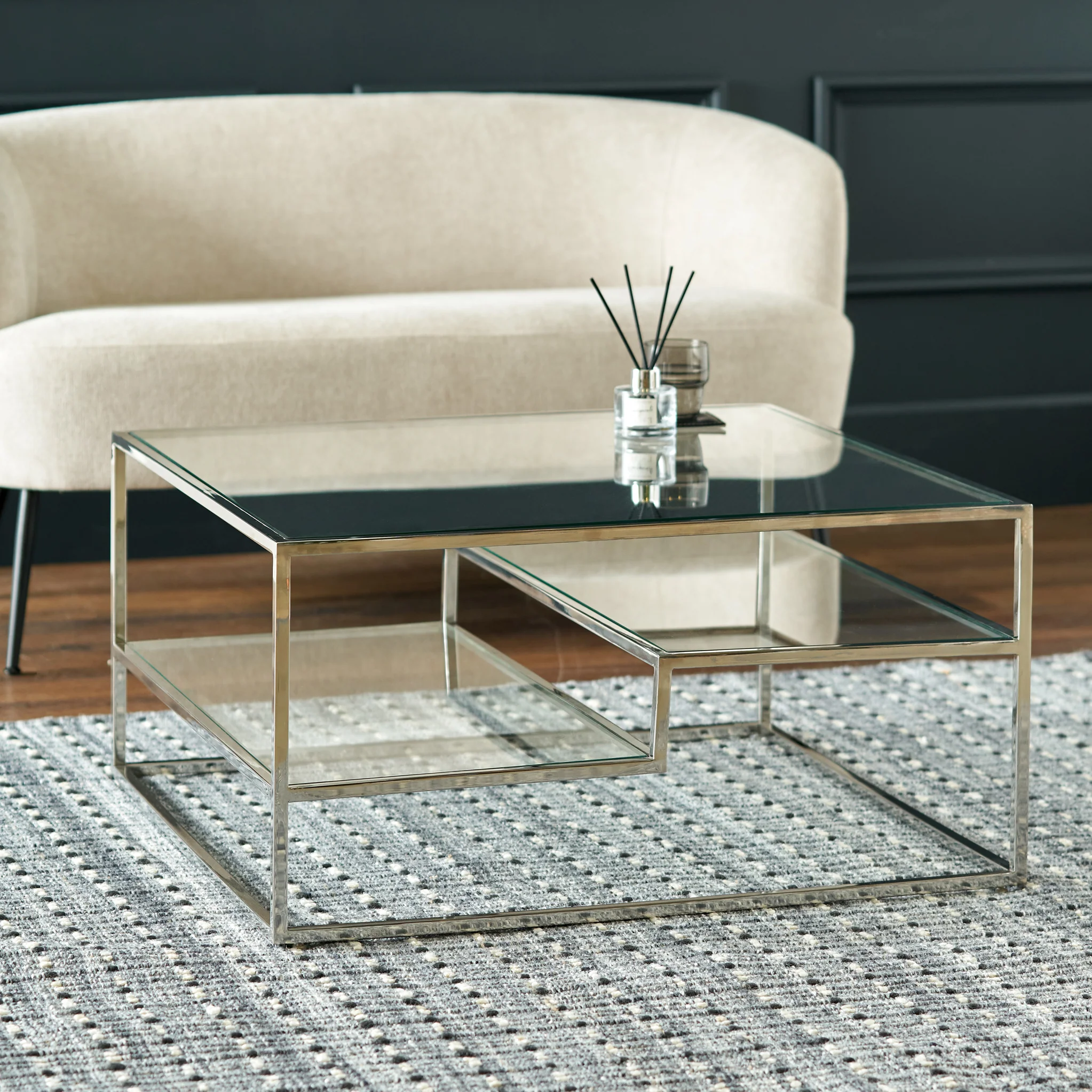 Aleandra Clear Glass and Silver Metal Coffee Table - Image 3