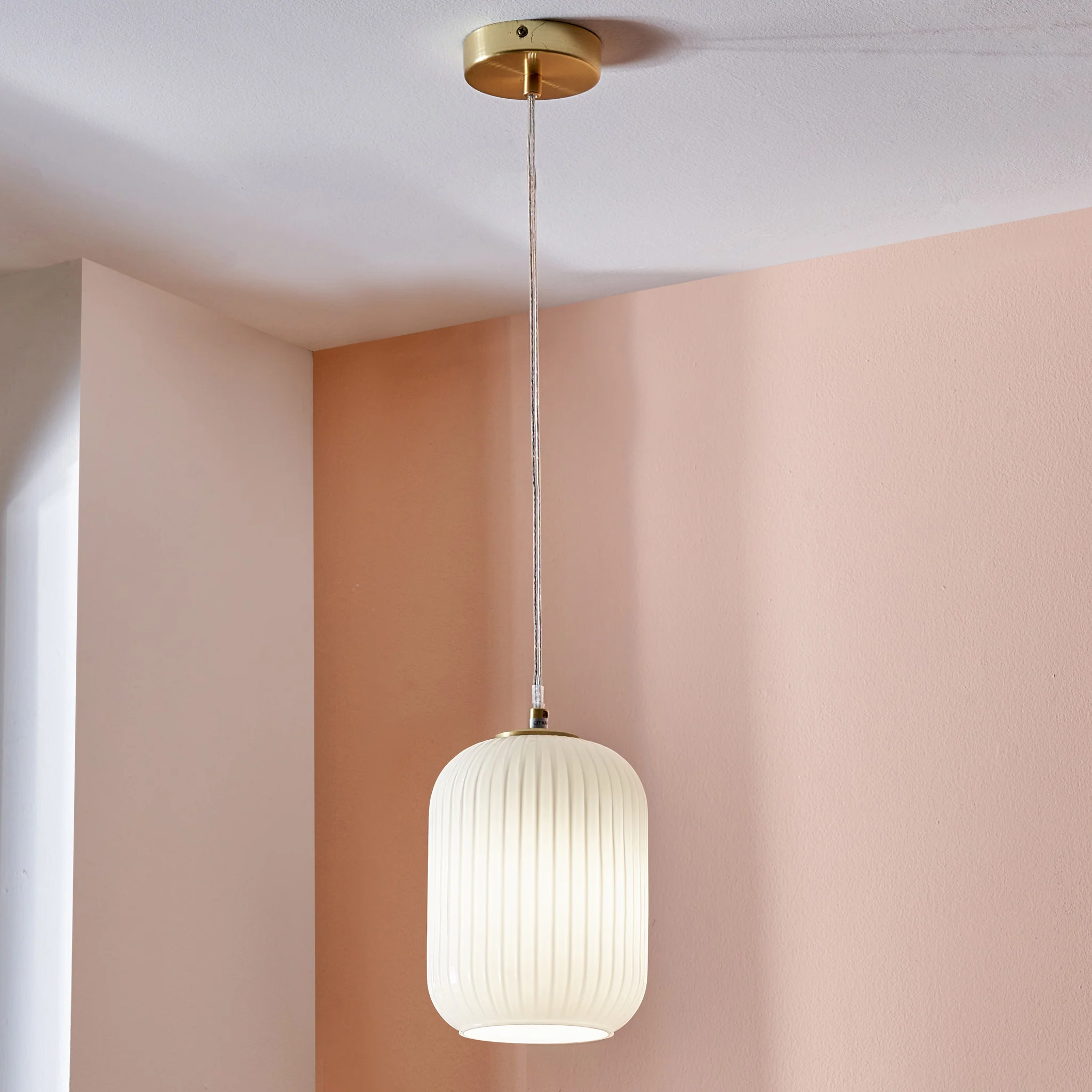 Alessia White Glass and Gold Metal Ribbed Glass Pendant - Image 2