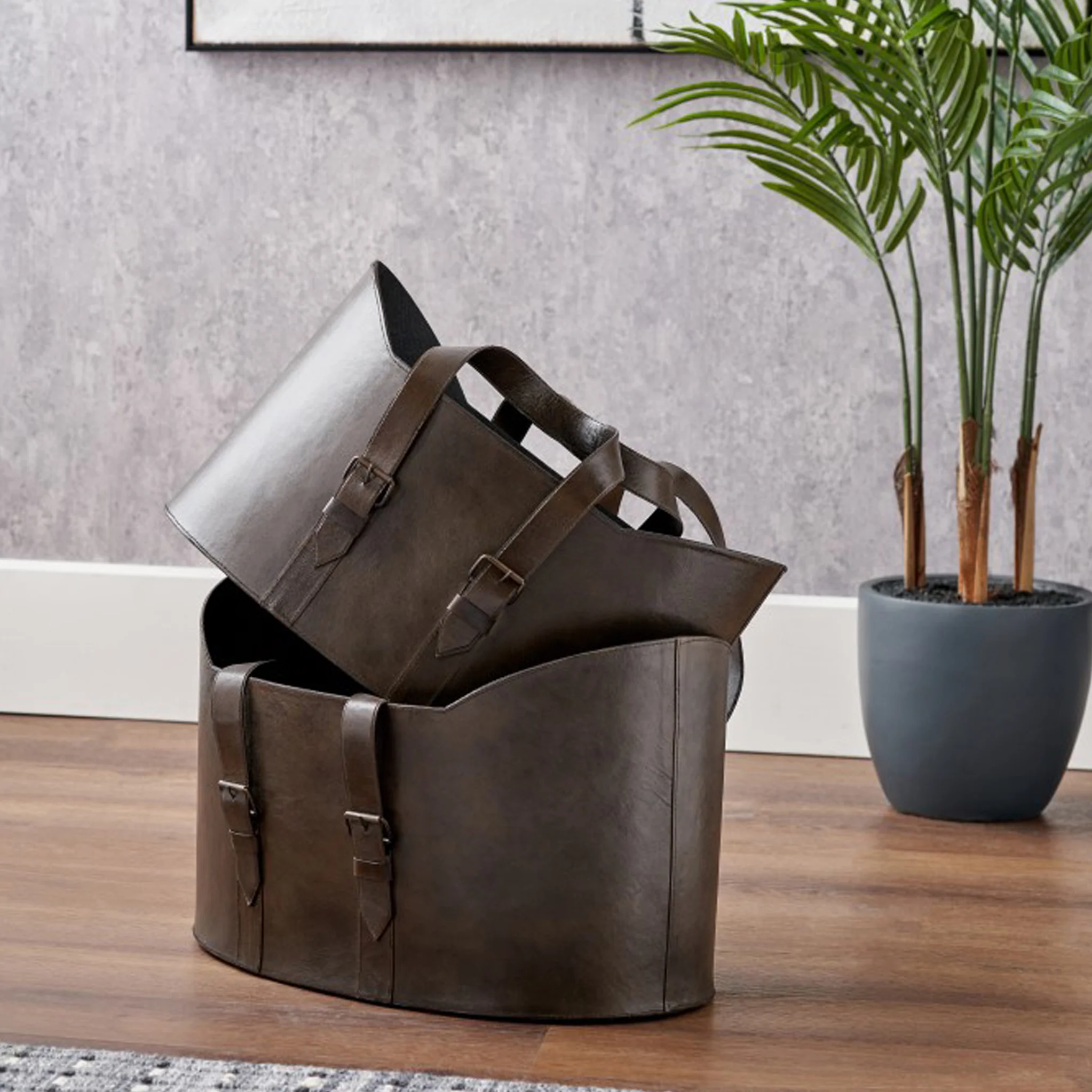 Alessio Peppercorn Leather Handled Storage Set of 2 - Image 2