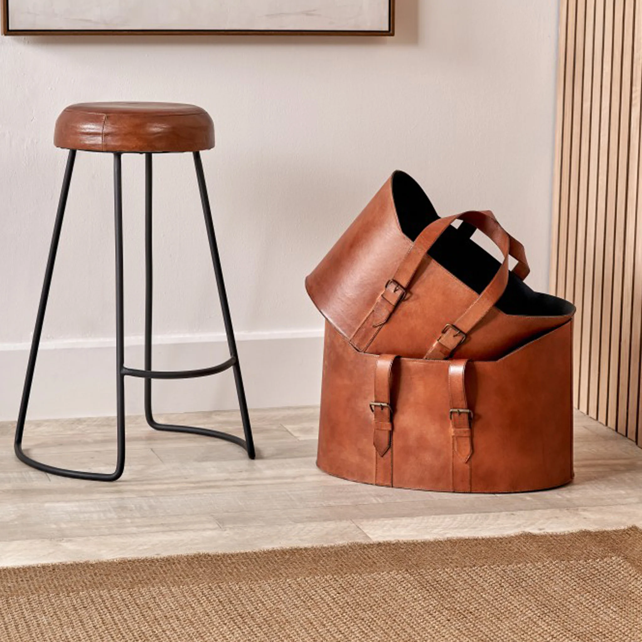 Alessio Vintage Brown Leather Handled Storage Set of 2 - Image 2