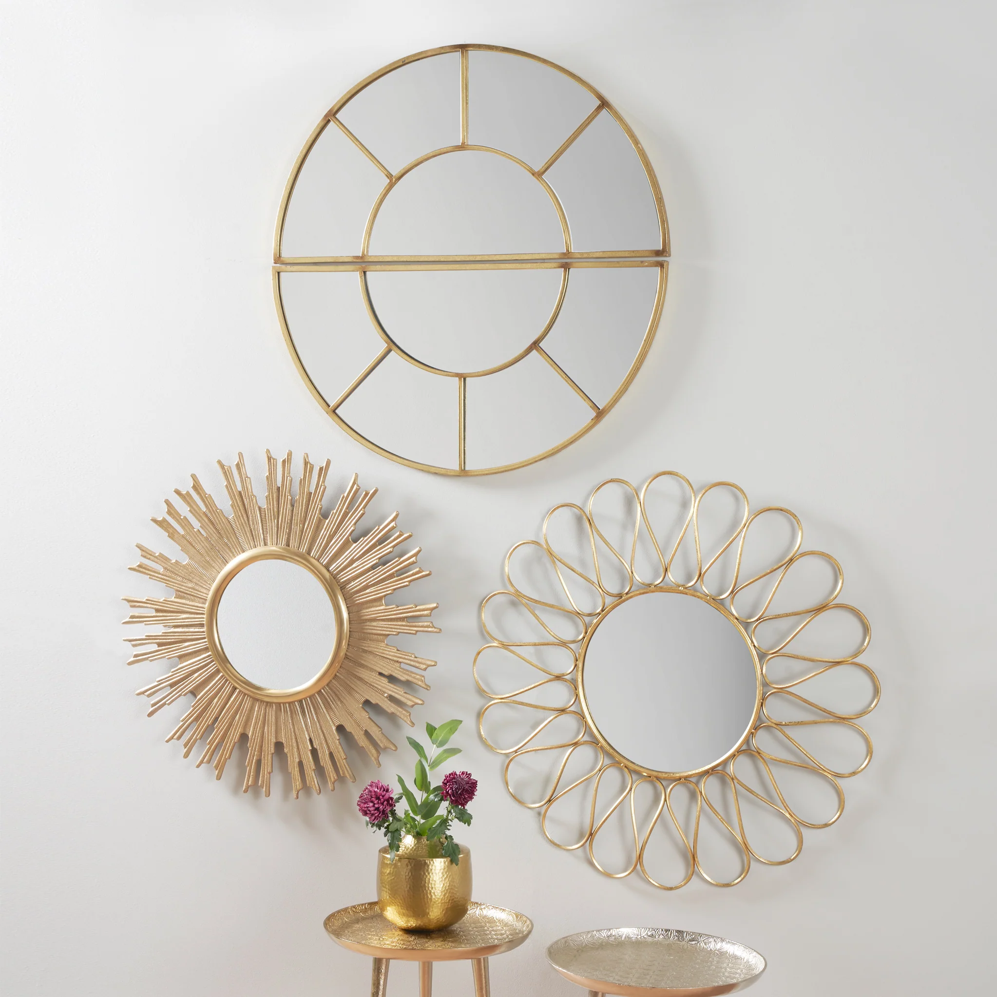 Antique Gold Metal 2 Half Moon Section Wall Mirror - Image 2