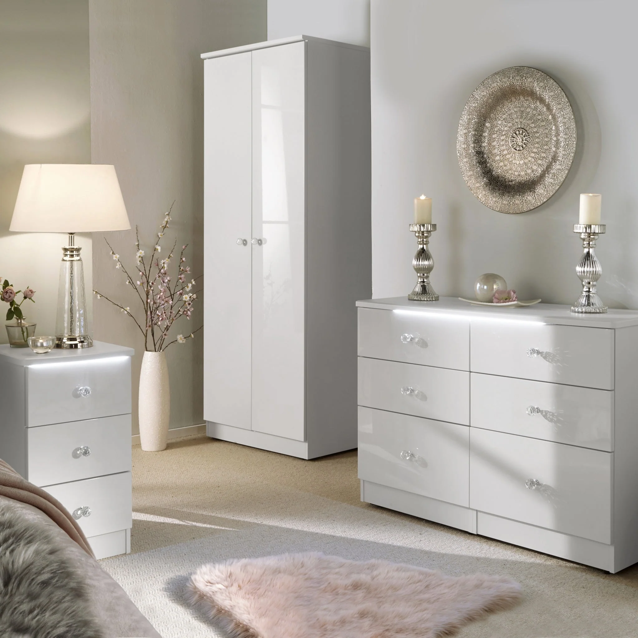 Aria White Gloss LED Lighting 3 Drawer Bedside Cabinet - Image 3