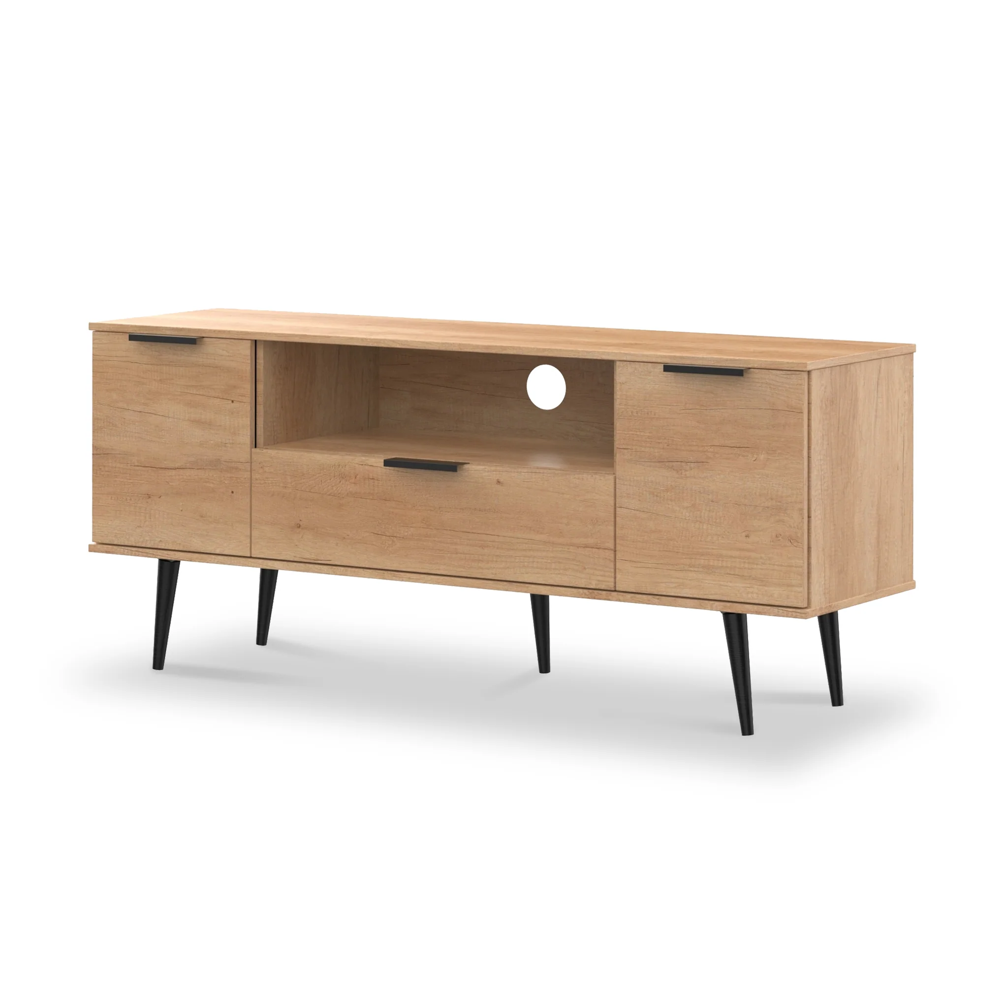 Asher Light Oak 2 Door 1 Drawer Wide TV Unit with Black Legs - Image 3