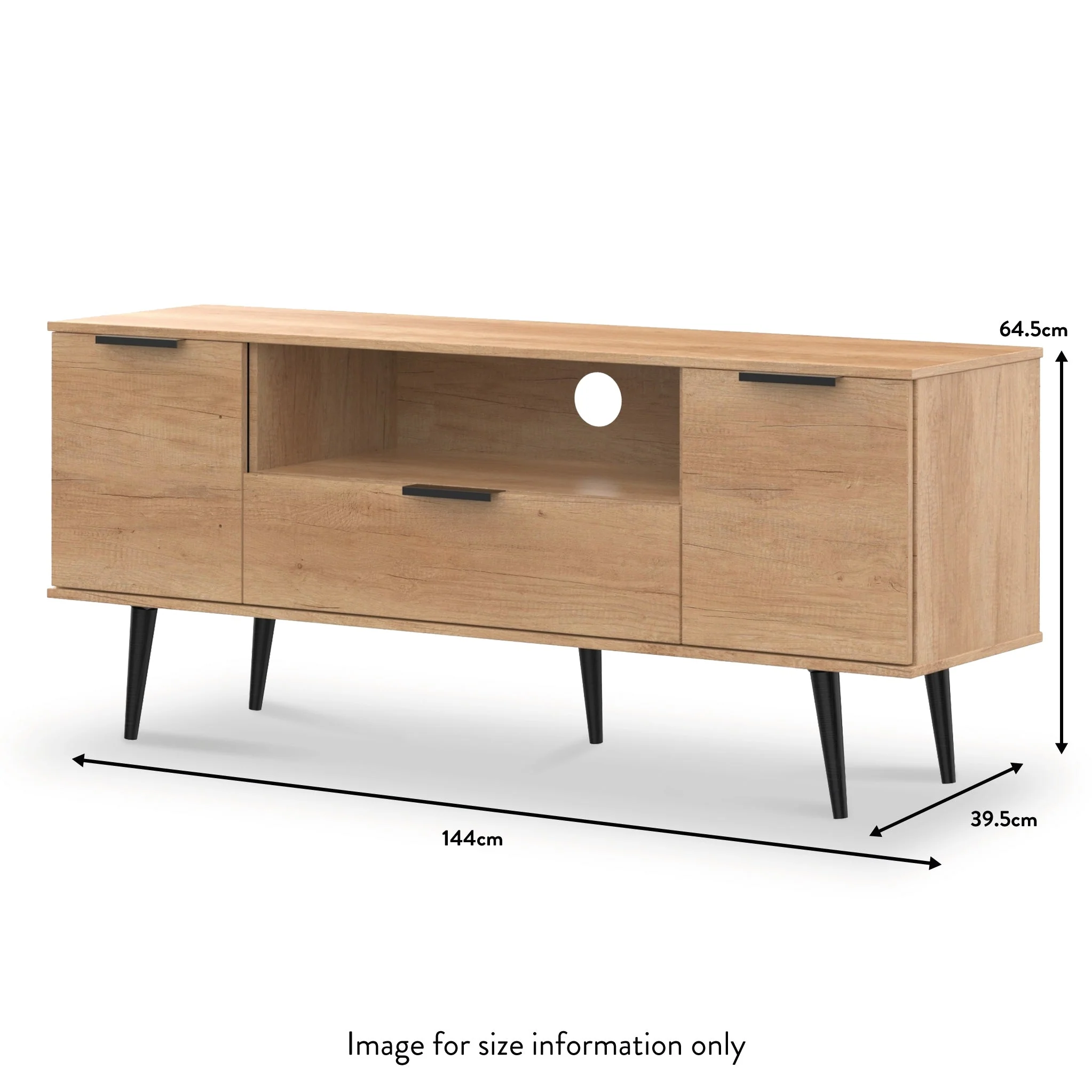 Asher Light Oak 2 Door 1 Drawer Wide TV Unit with Black Legs - Image 6