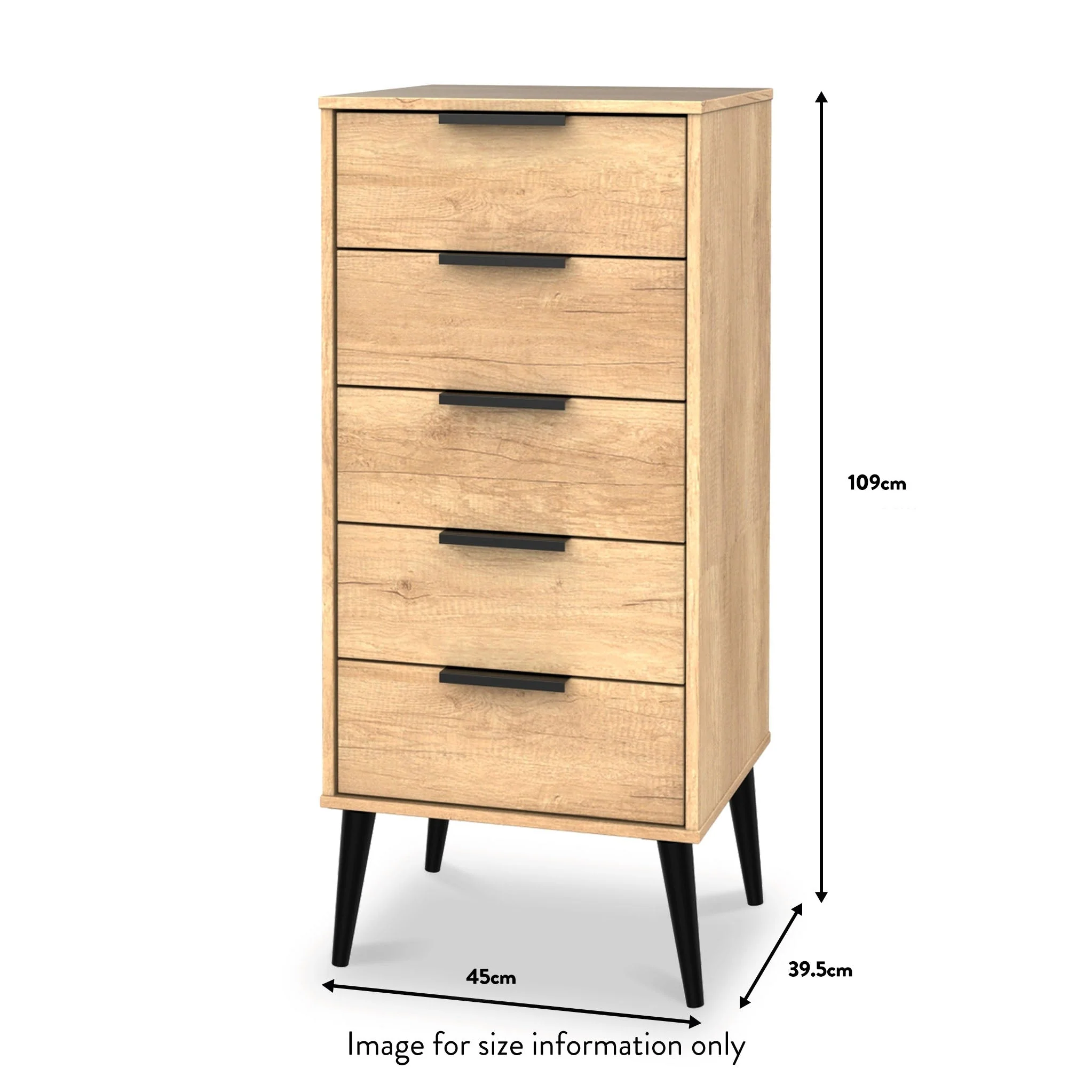 Asher Light Oak 5 Drawer Tallboy with Black Legs - Image 5