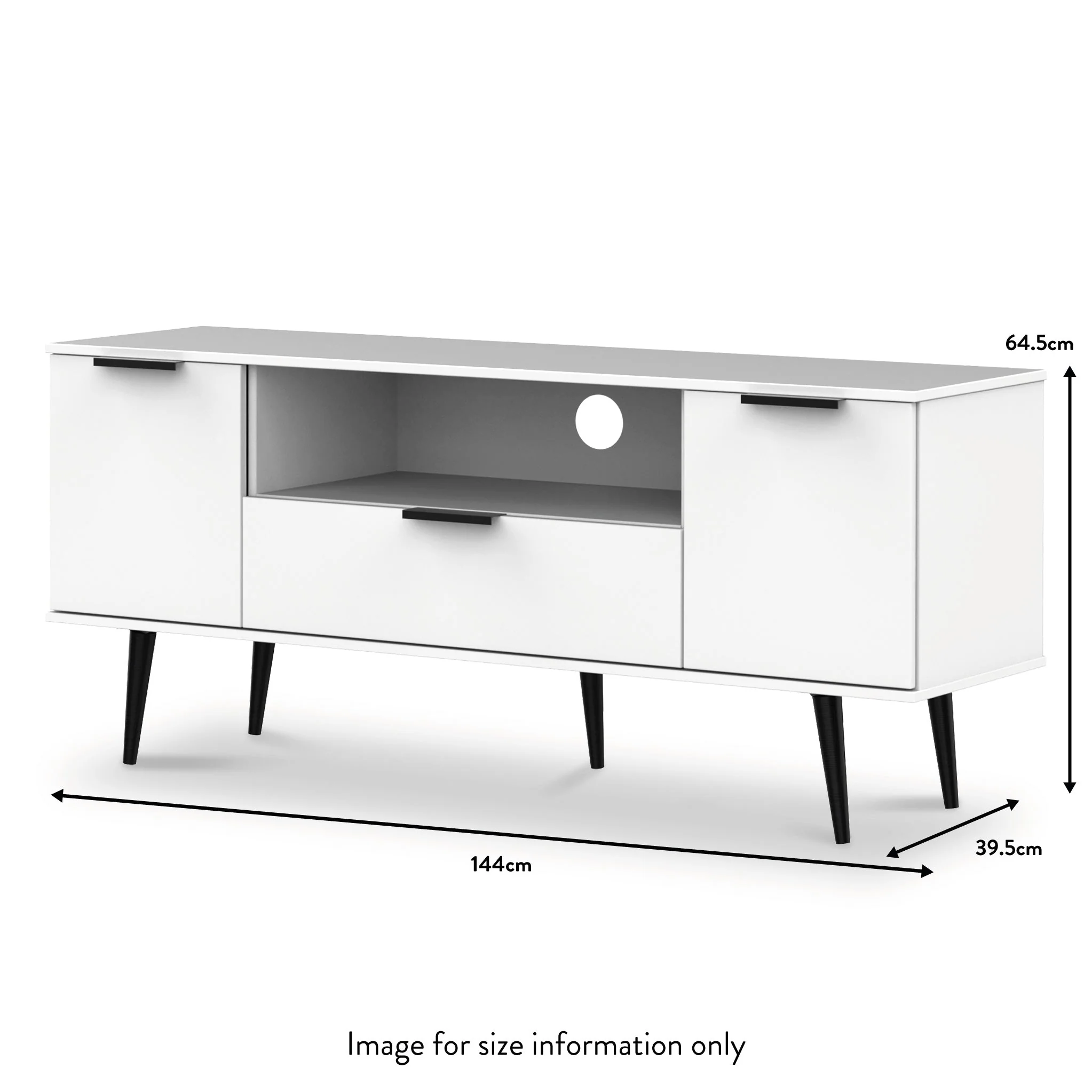 Asher White 2 Door 1 Drawer Wide TV Unit with Black Legs - Image 3
