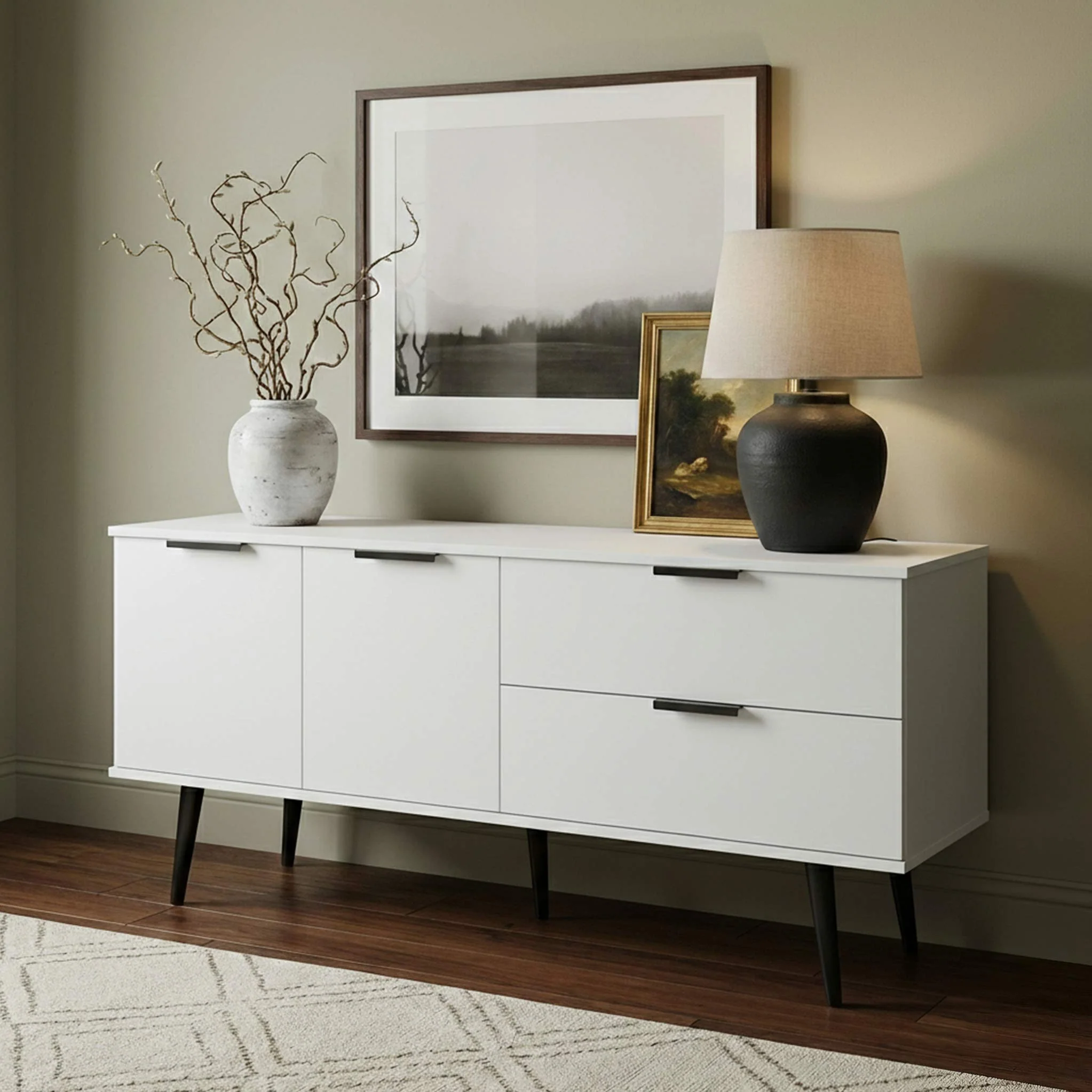 Asher White 2 Drawer 2 Door Wide Sideboard with Black Legs - Image 2
