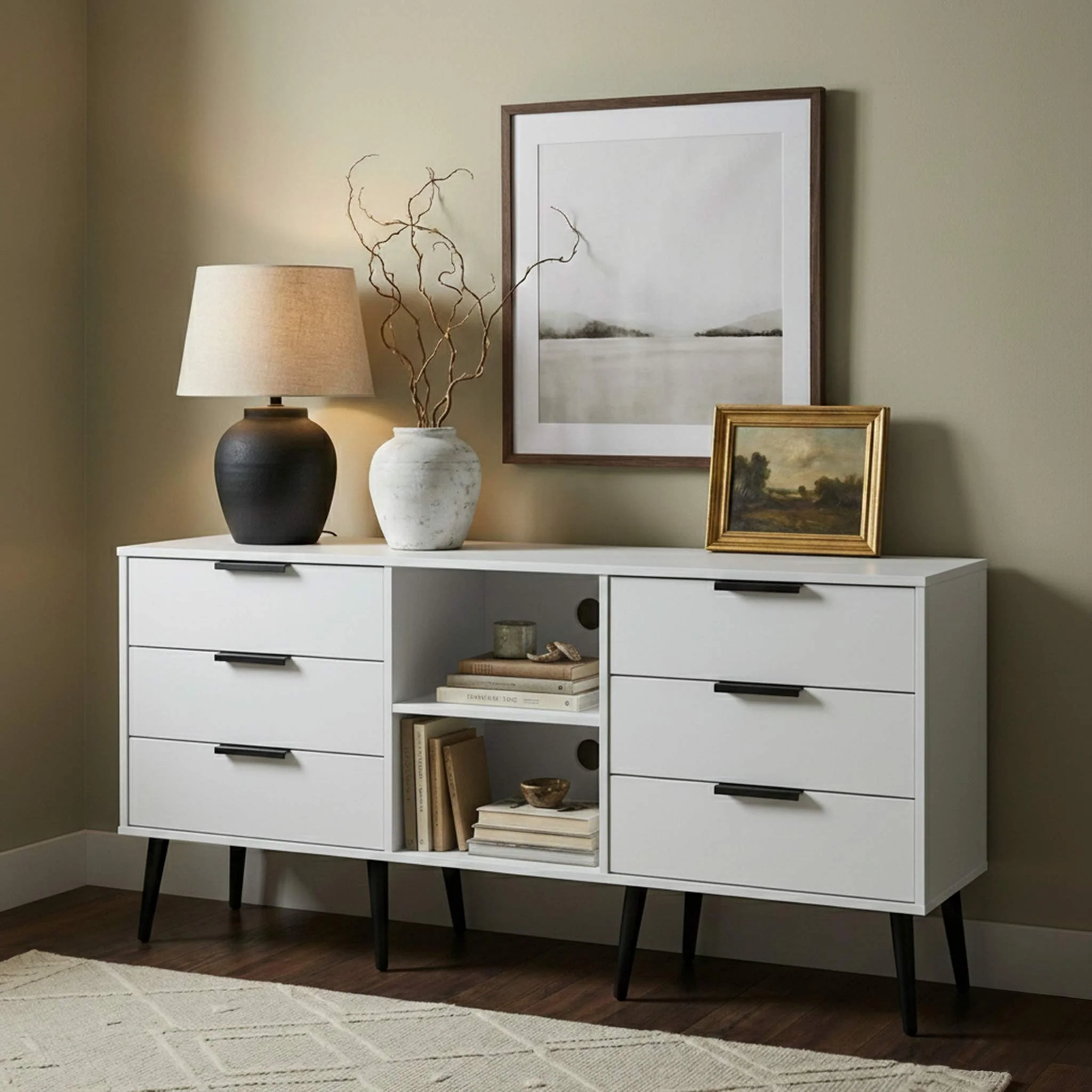 Asher White 6 Drawer Sideboard with Black Legs - Image 2