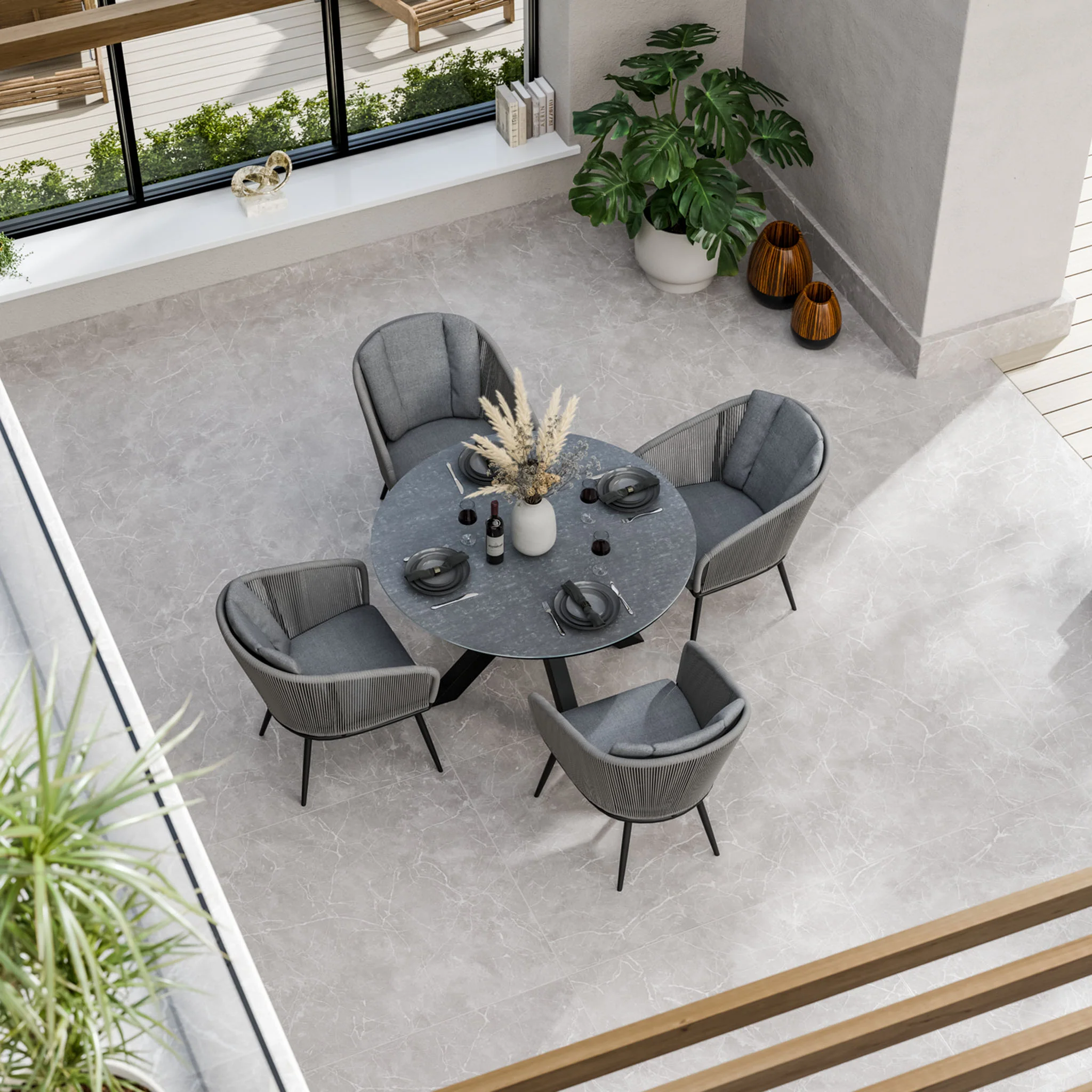 Aspen 4 Seater Round Ceramic Glass Dining Set with Aspen Rope Chairs