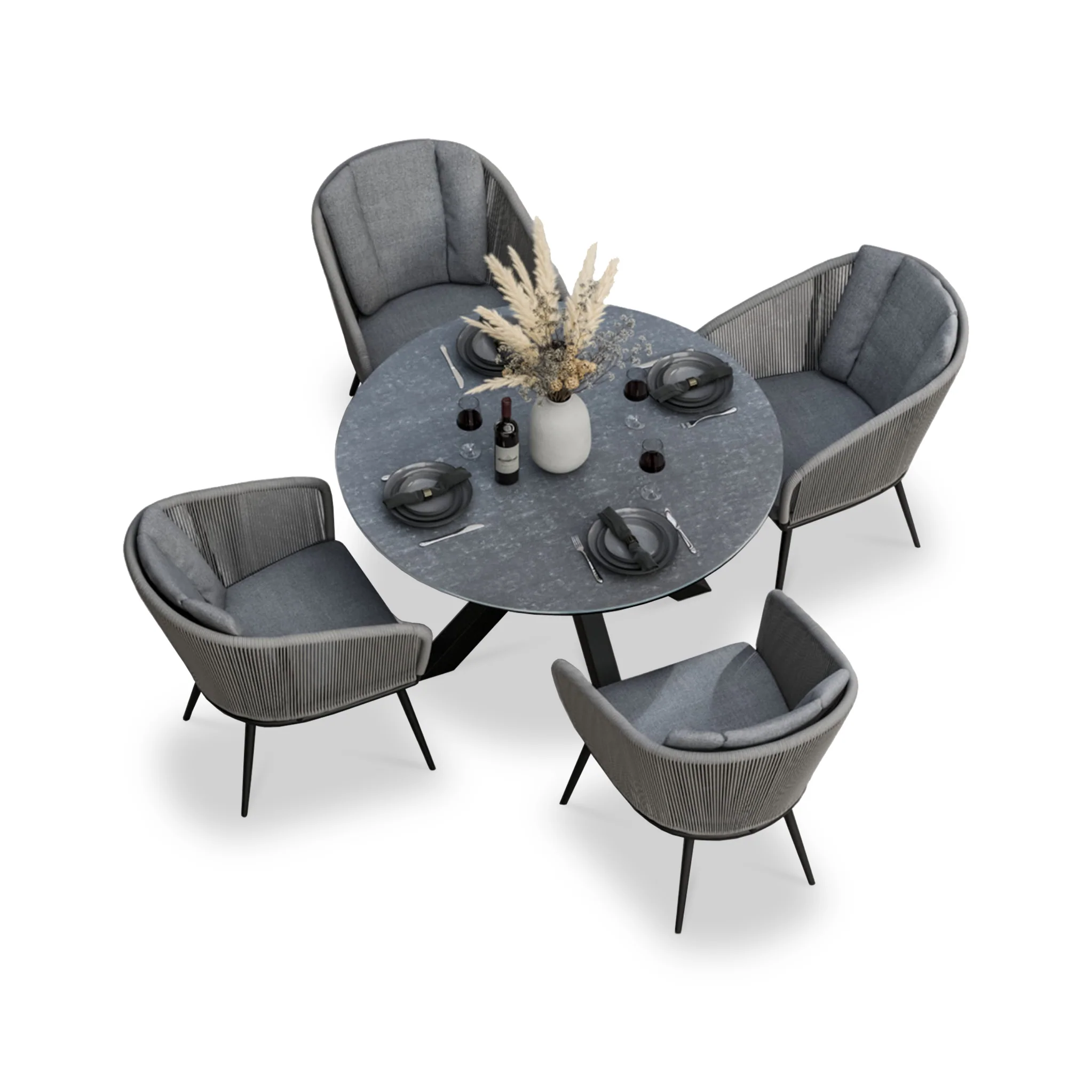 Aspen 4 Seater Round Ceramic Glass Dining Set with Aspen Rope Chairs - Image 6