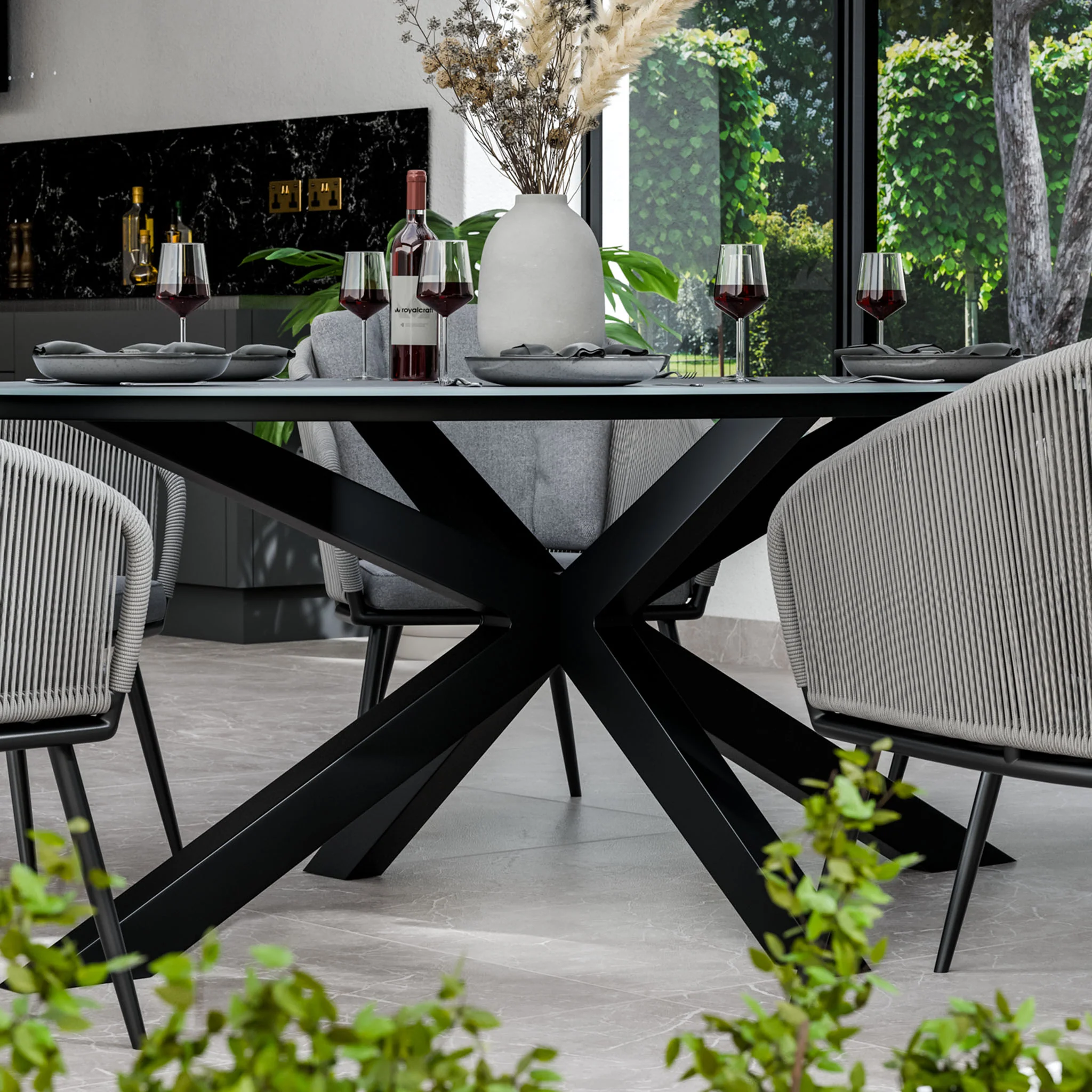 Aspen 6 Seater Ellipse Ceramic Glass Dining Set with Aspen Rope Chairs - Image 2