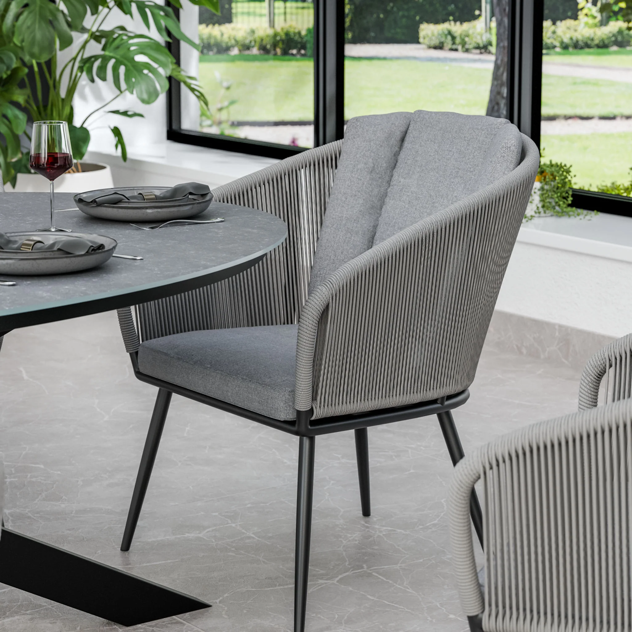 Aspen 6 Seater Ellipse Ceramic Glass Dining Set with Aspen Rope Chairs - Image 4