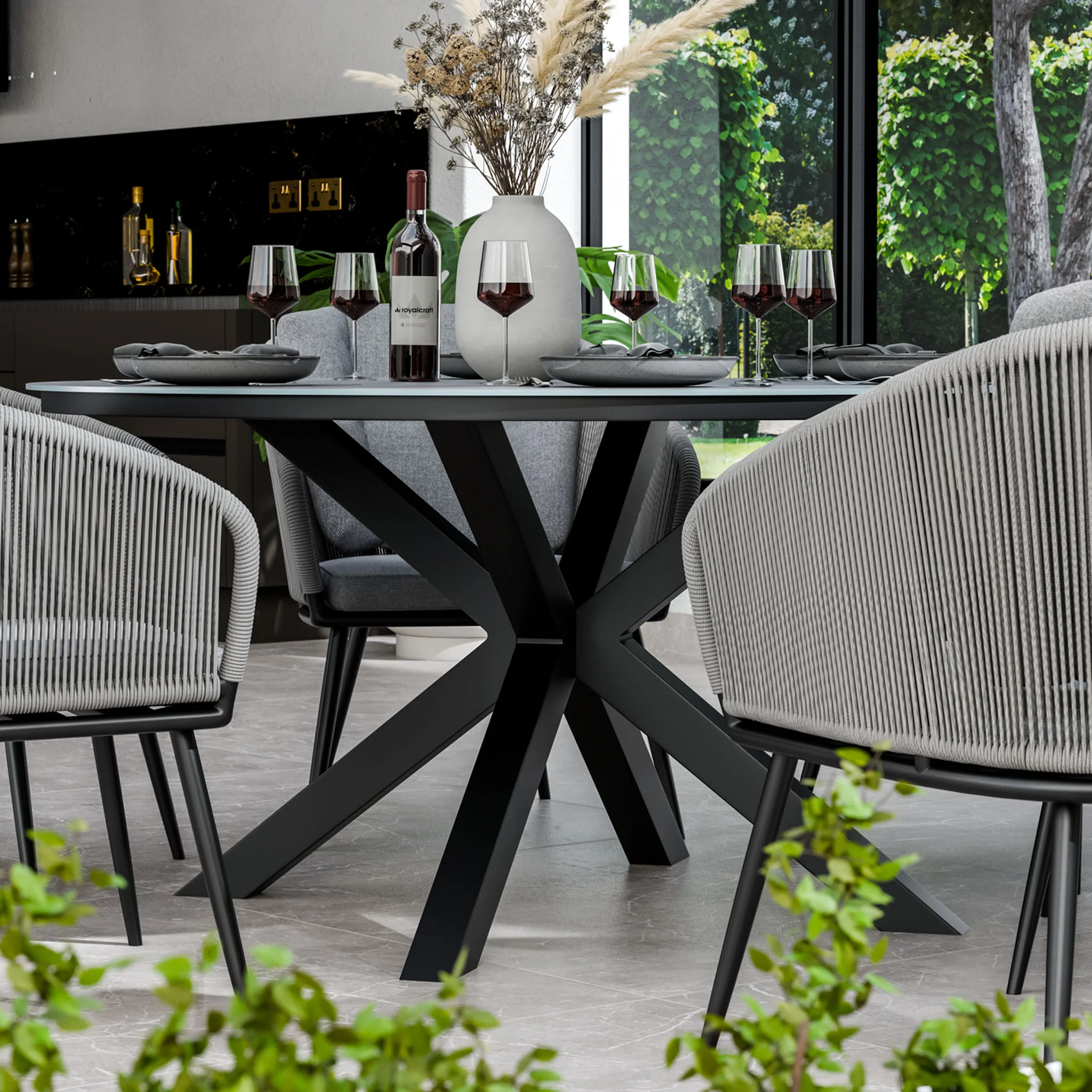 Aspen 6 Seater Round Ceramic Glass Dining Set with Aspen Rope Chairs - Image 2