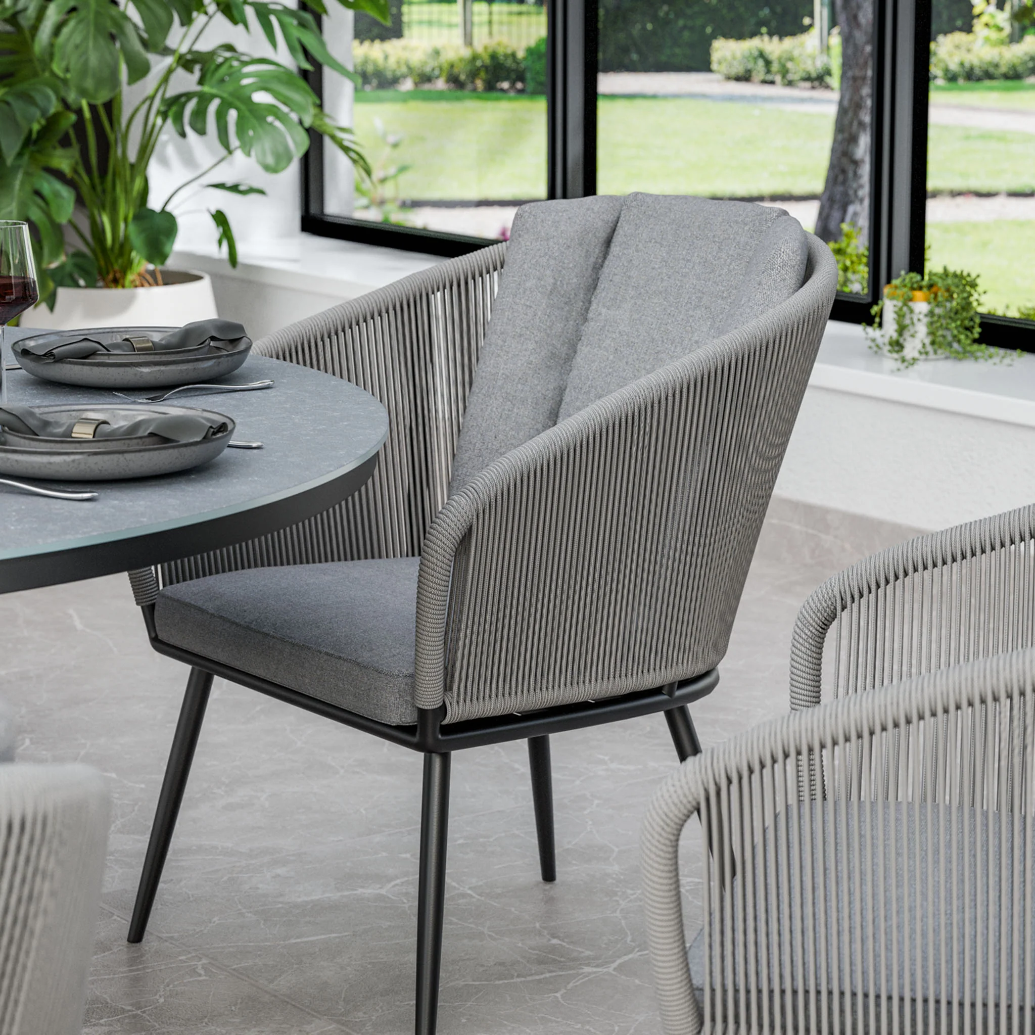 Aspen 6 Seater Round Ceramic Glass Dining Set with Aspen Rope Chairs - Image 4
