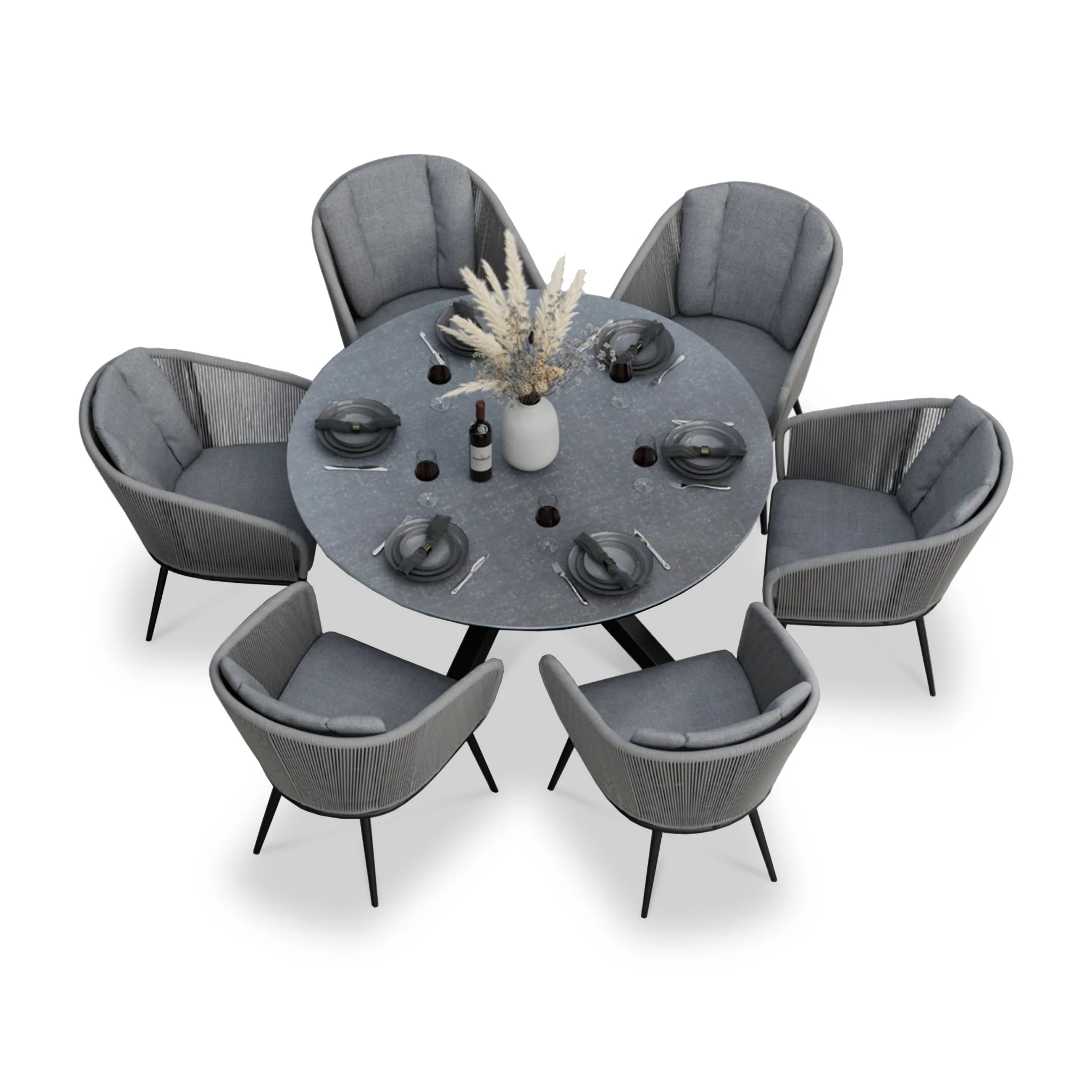 Aspen 6 Seater Round Ceramic Glass Dining Set with Aspen Rope Chairs - Image 5