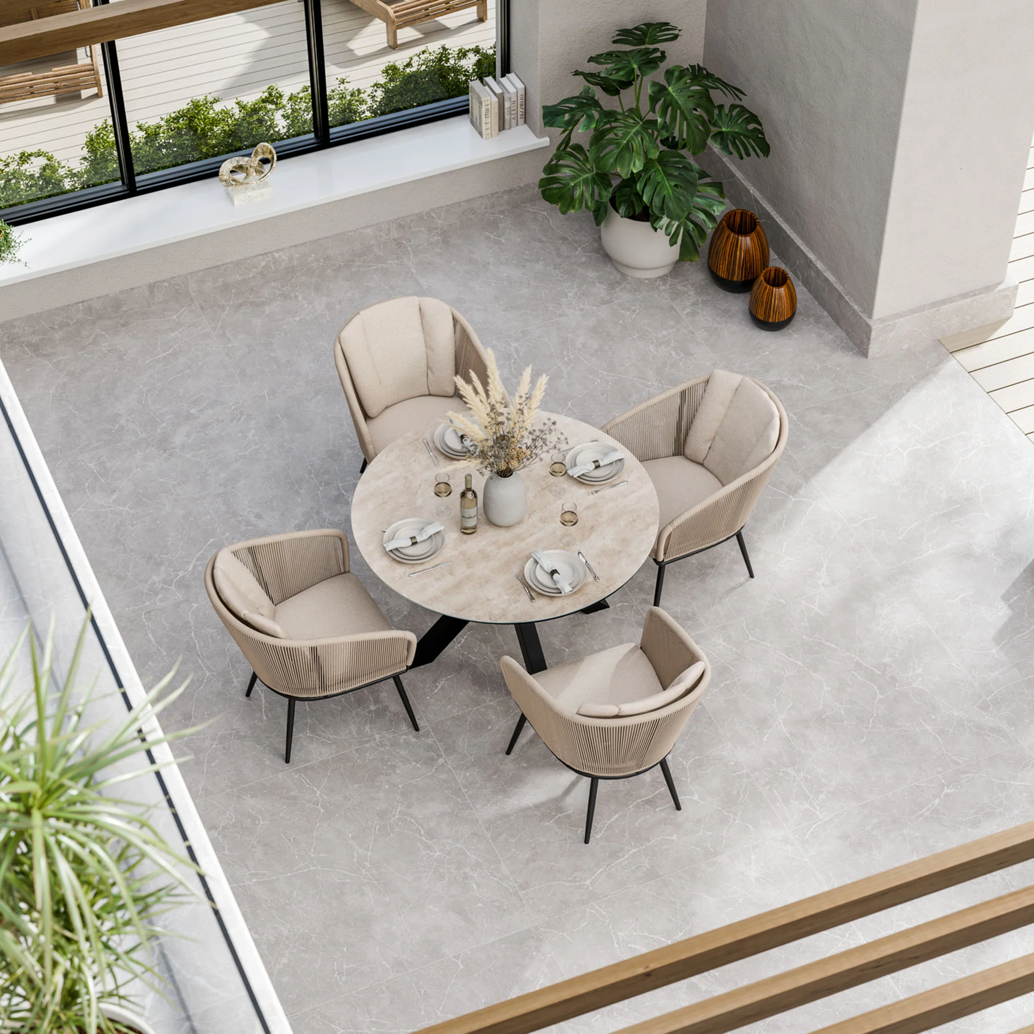 Bali 4 Seater Round Ceramic Glass Dining Set with Bali Rope Chairs