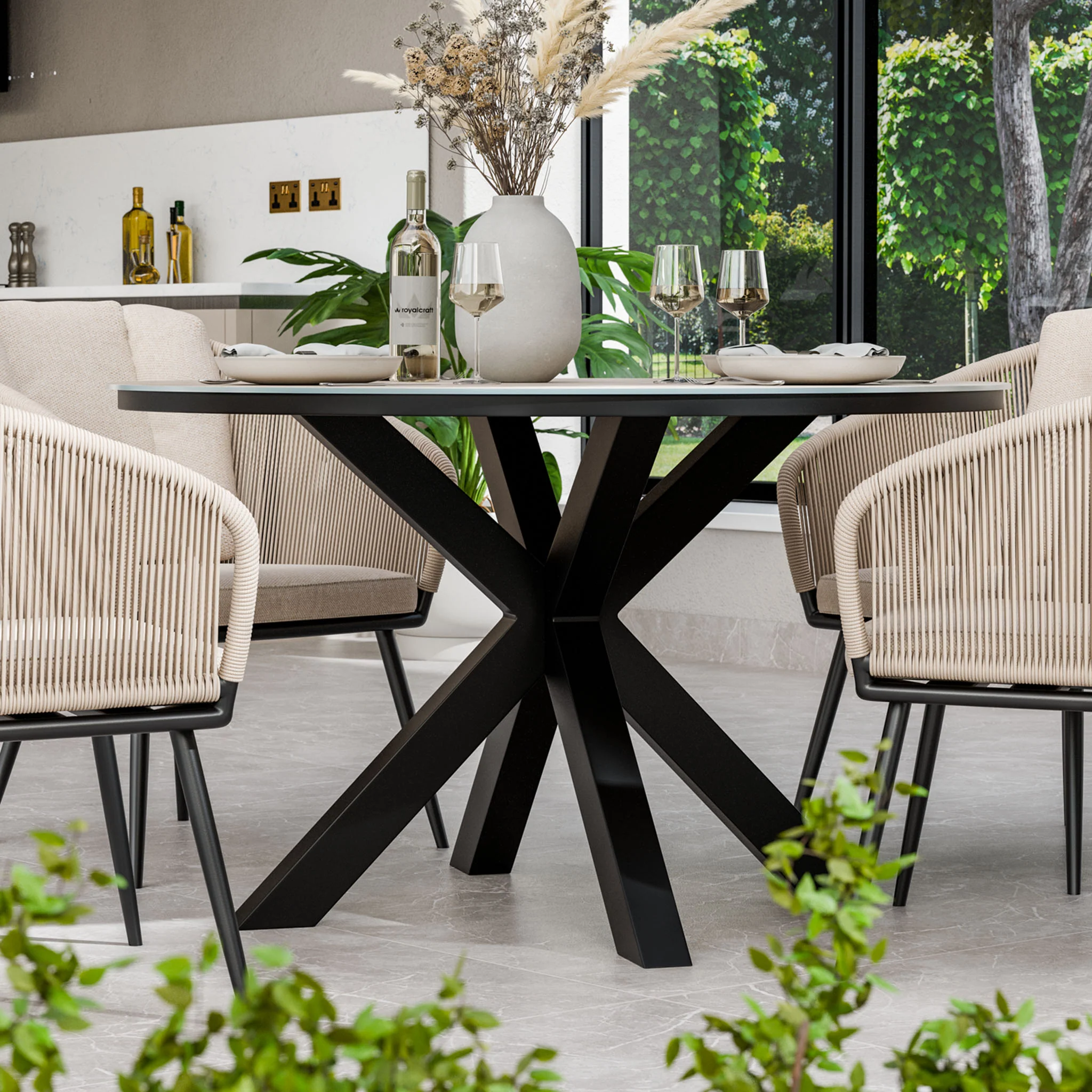 Bali 4 Seater Round Ceramic Glass Dining Set with Bali Rope Chairs - Image 2