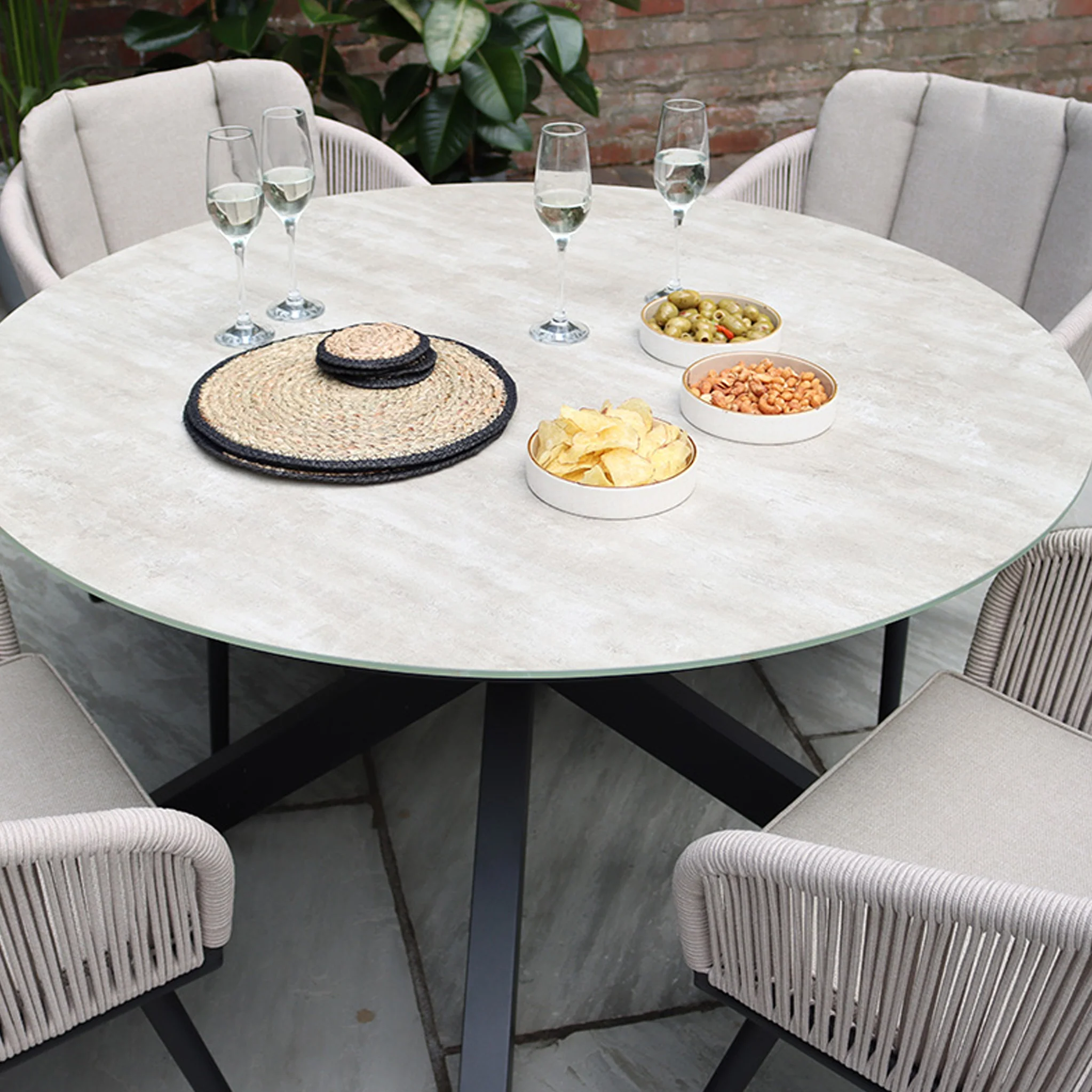 Bali 4 Seater Round Ceramic Glass Dining Set with Bali Rope Chairs - Image 5
