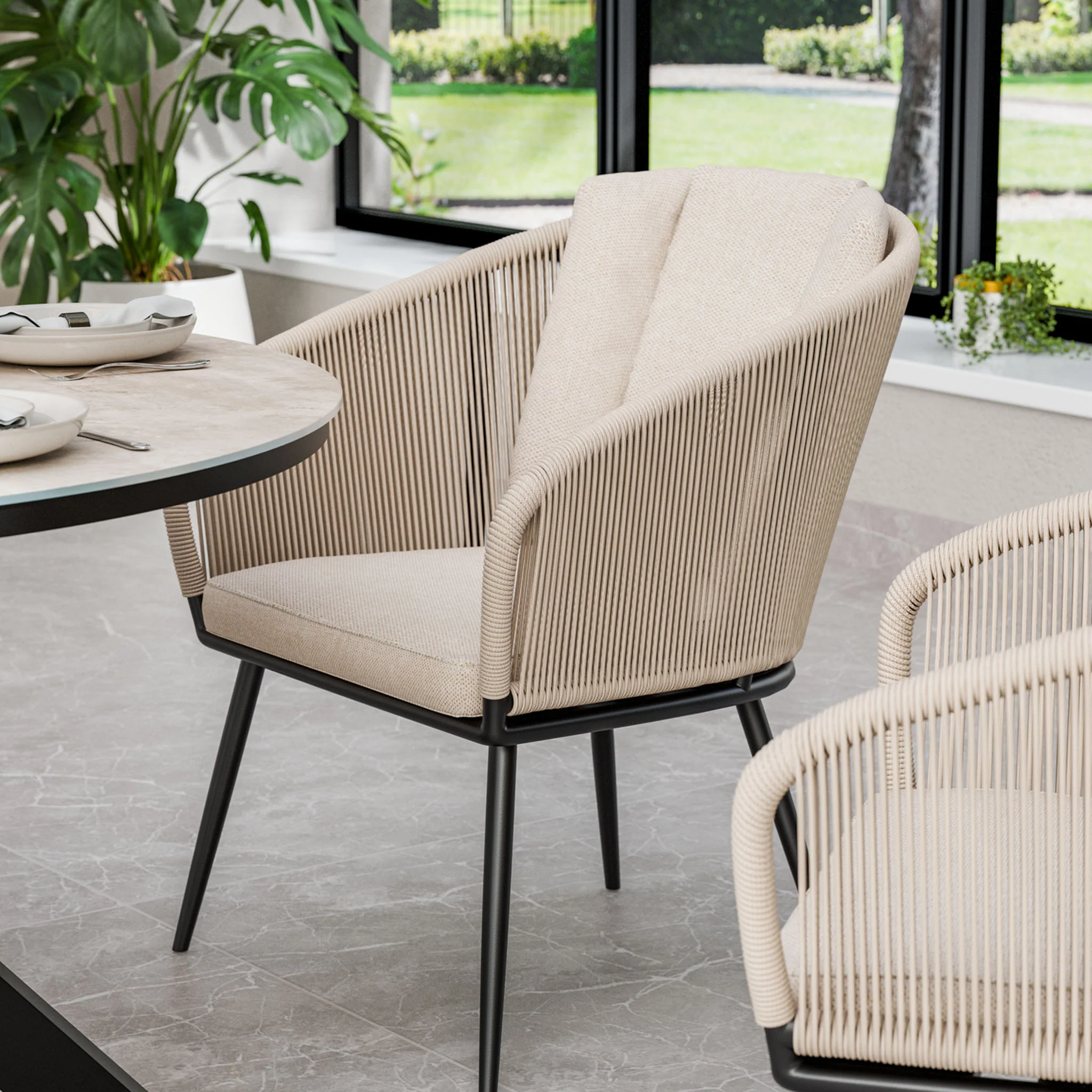 Bali 4 Seater Round Ceramic Glass Dining Set with Bali Rope Chairs - Image 8