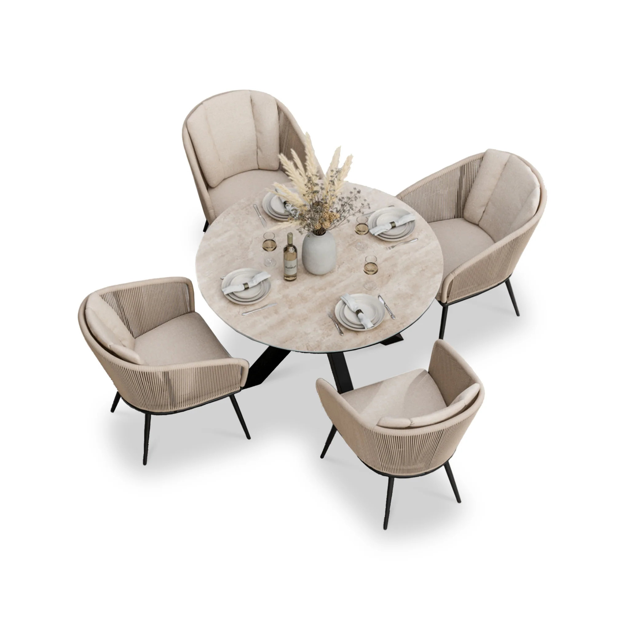 Bali 4 Seater Round Ceramic Glass Dining Set with Bali Rope Chairs - Image 9