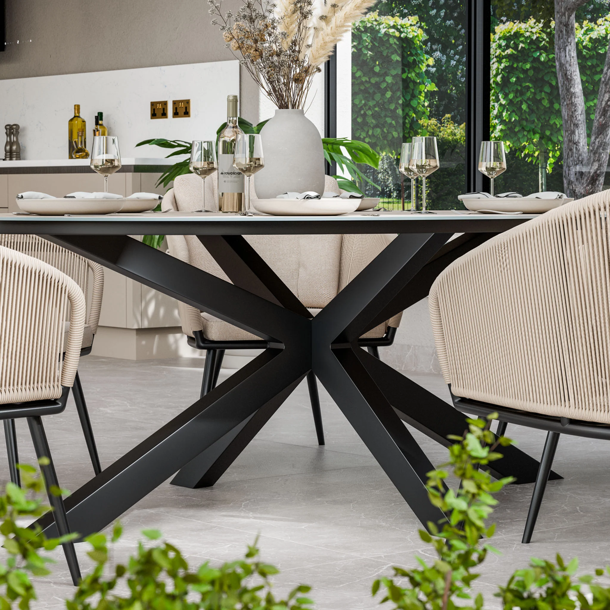 Bali 6 Seater Ellipse Ceramic Glass Dining Set with Bali Rope Chairs - Image 2