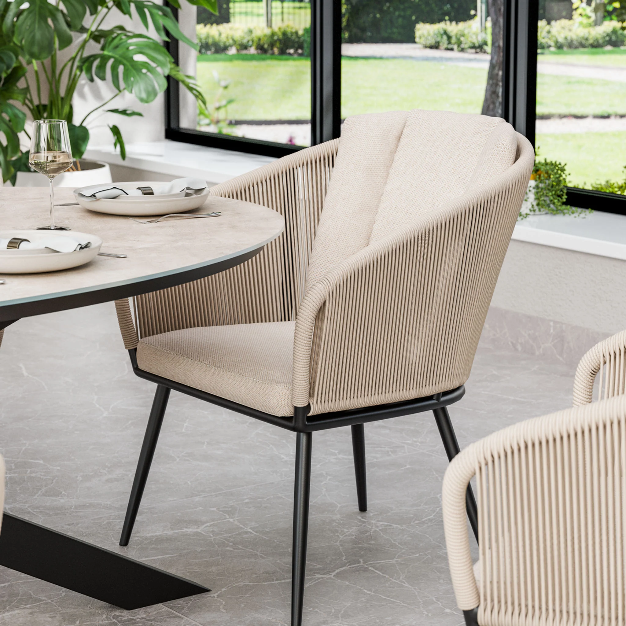 Bali 6 Seater Ellipse Ceramic Glass Dining Set with Bali Rope Chairs - Image 4