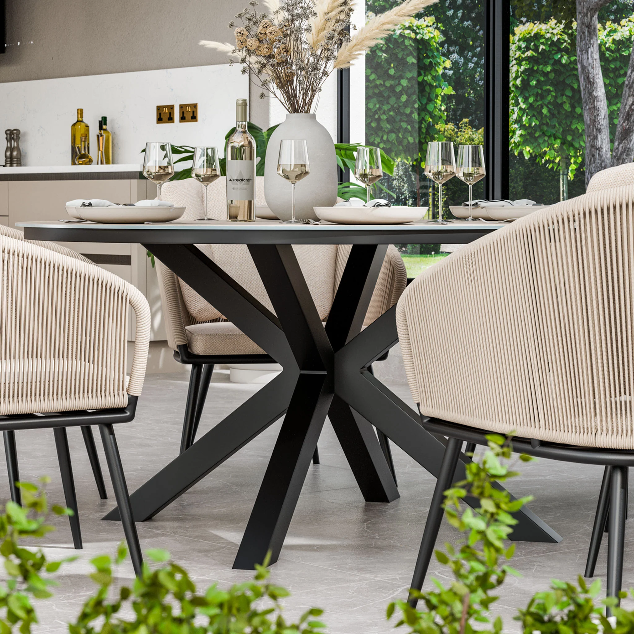 Bali 6 Seater Round Ceramic Glass Dining Set with Bali Rope Chairs - Image 2