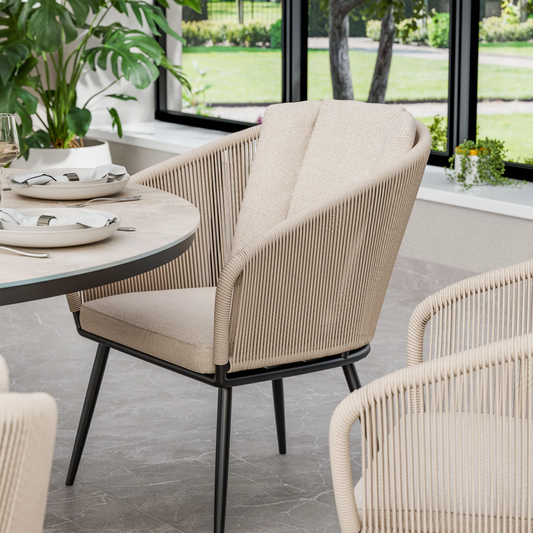 Bali 6 Seater Round Ceramic Glass Dining Set with Bali Rope Chairs - Image 5