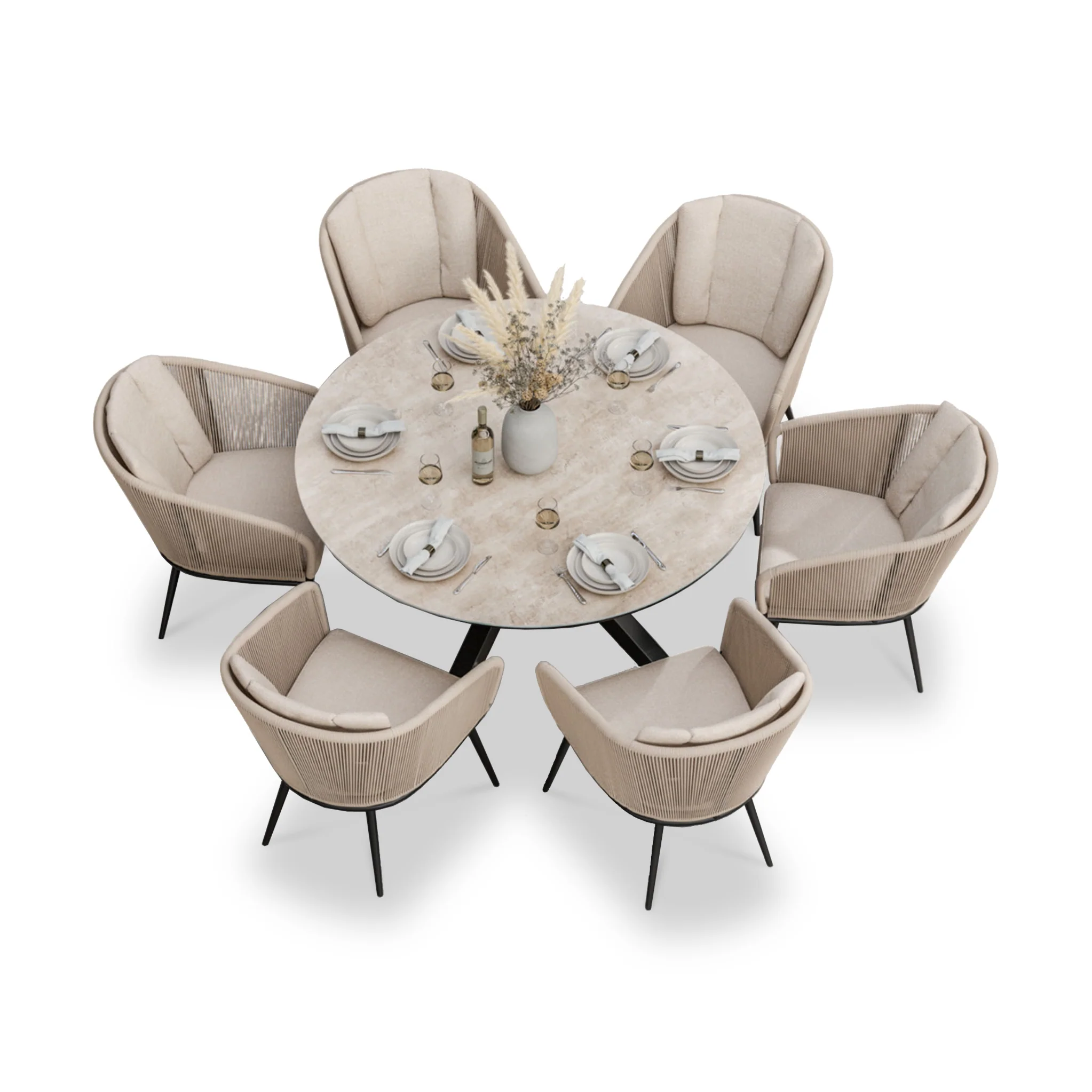 Bali 6 Seater Round Ceramic Glass Dining Set with Bali Rope Chairs - Image 6