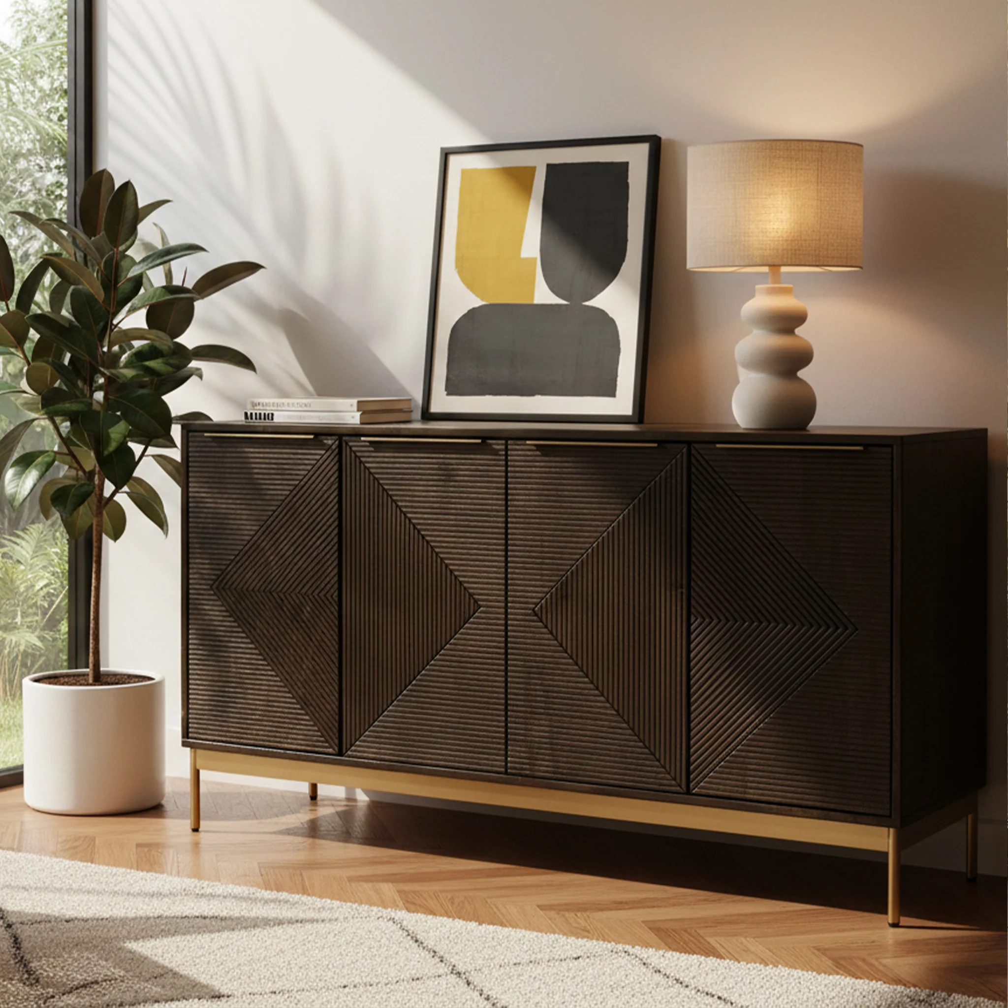 Beau Grooved Brown Mango Wood 4 Door Sideboard - Image 2