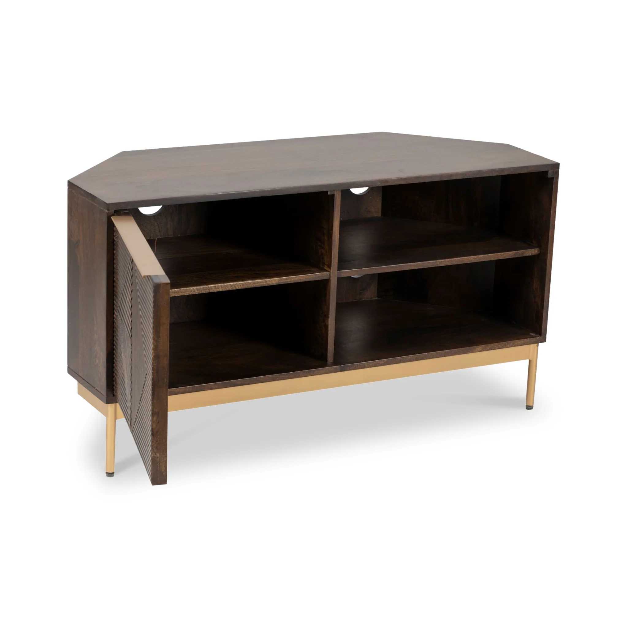 Beau Grooved Brown Mango Wood Corner TV Unit - Image 3