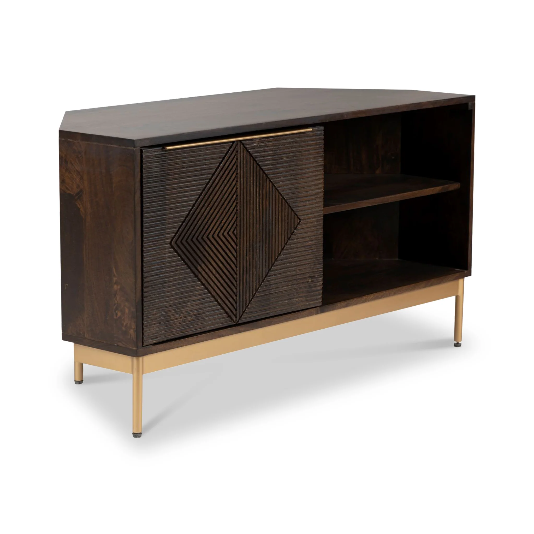 Beau Grooved Brown Mango Wood Corner TV Unit - Image 4