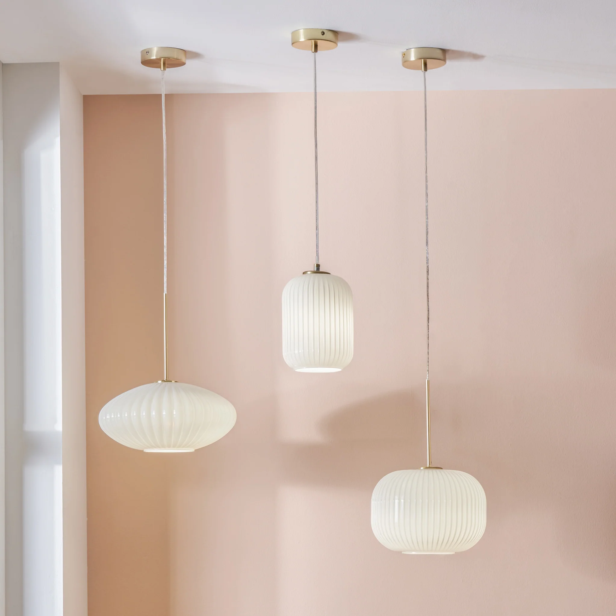Bella White Glass and Gold Metal Ribbed Squoval Pendant - Image 4