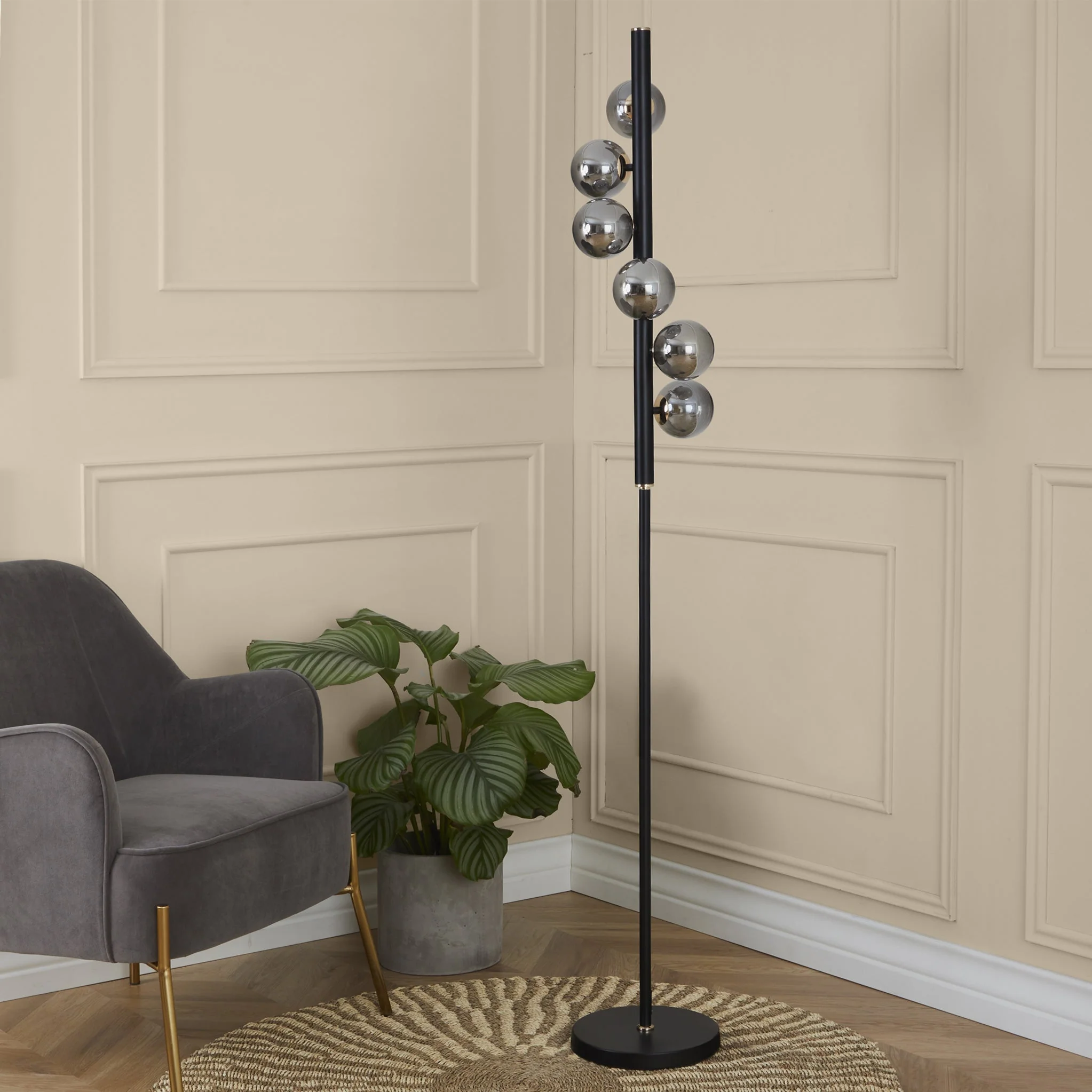 Blair Smoked Glass Ball and Black Metal Floor Lamp - Image 2