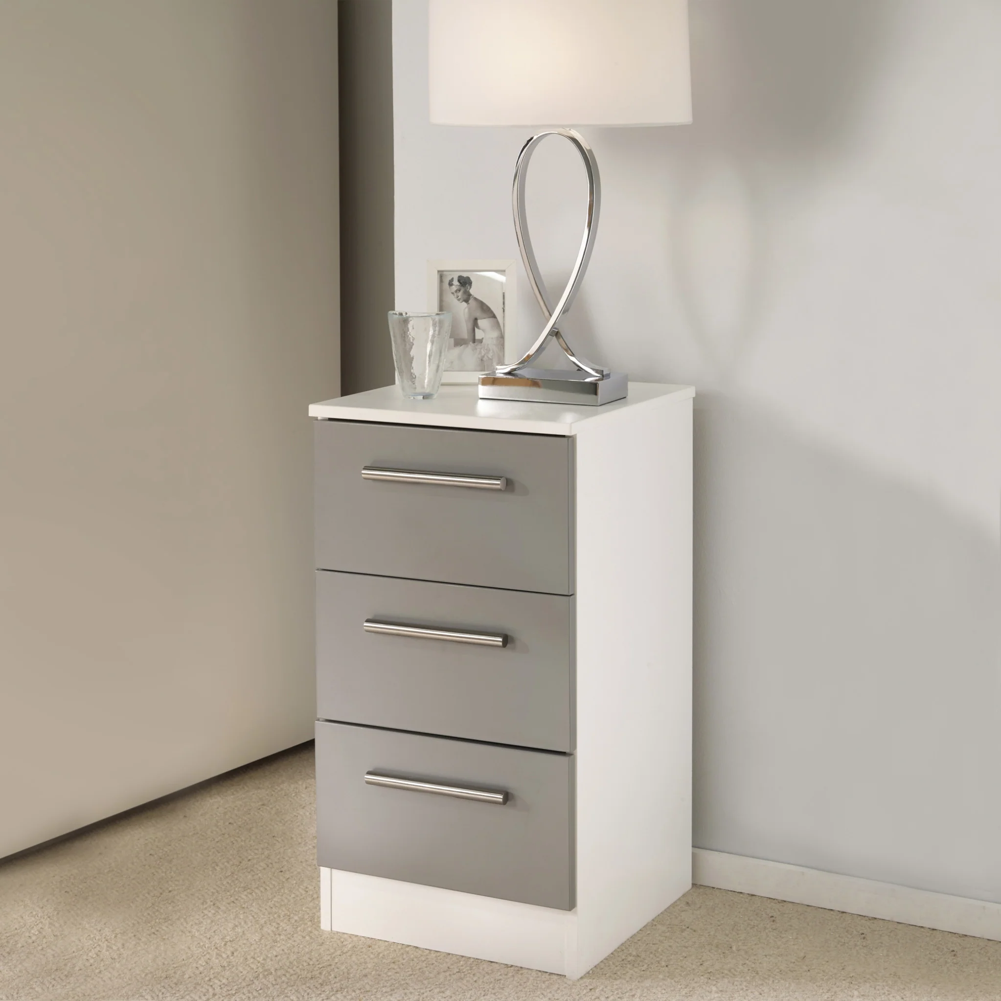 Blakely Grey and White 3 Drawer Bedside Cabinet - Image 2