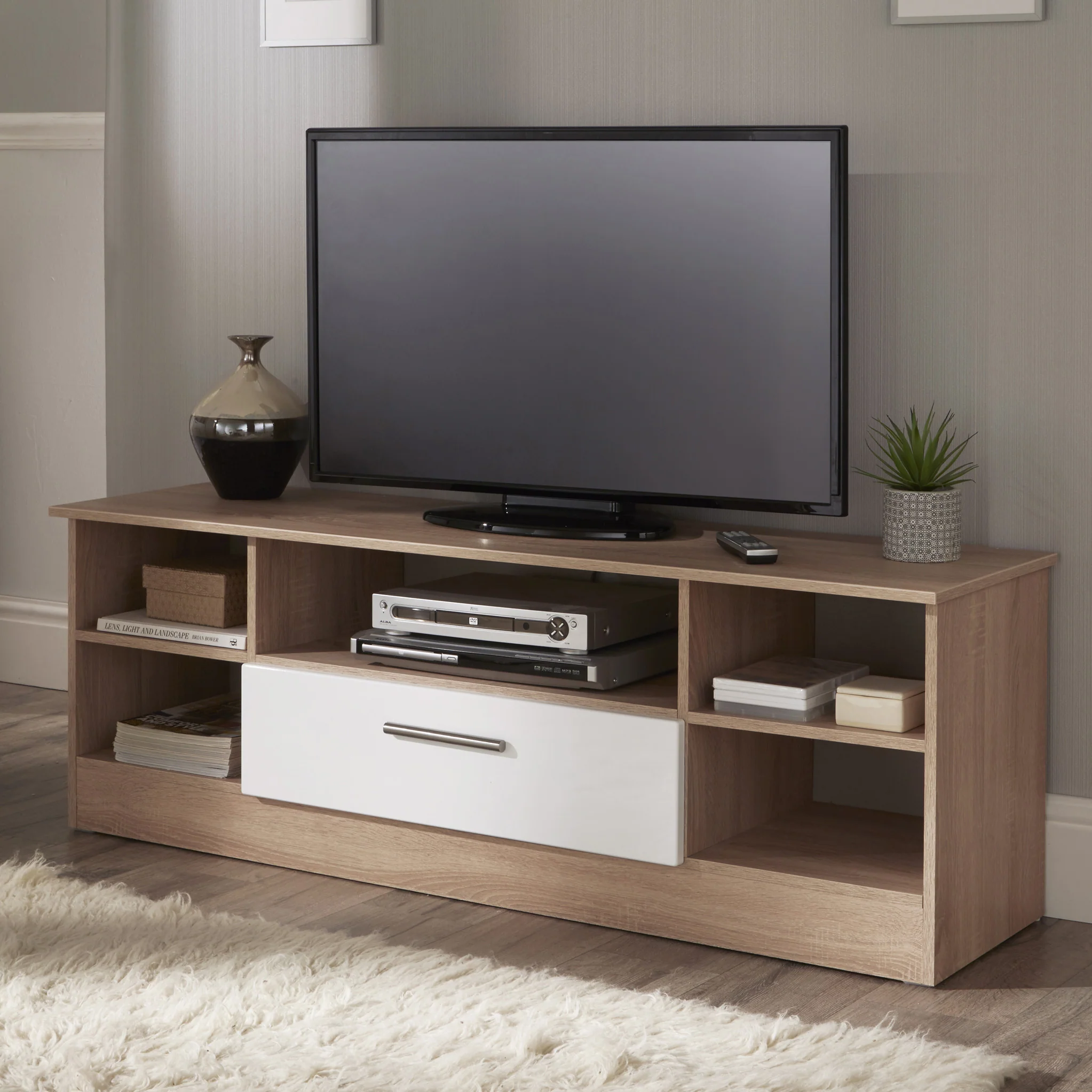Blakely White & Light Oak Wide 1 Drawer TV Unit - Image 2