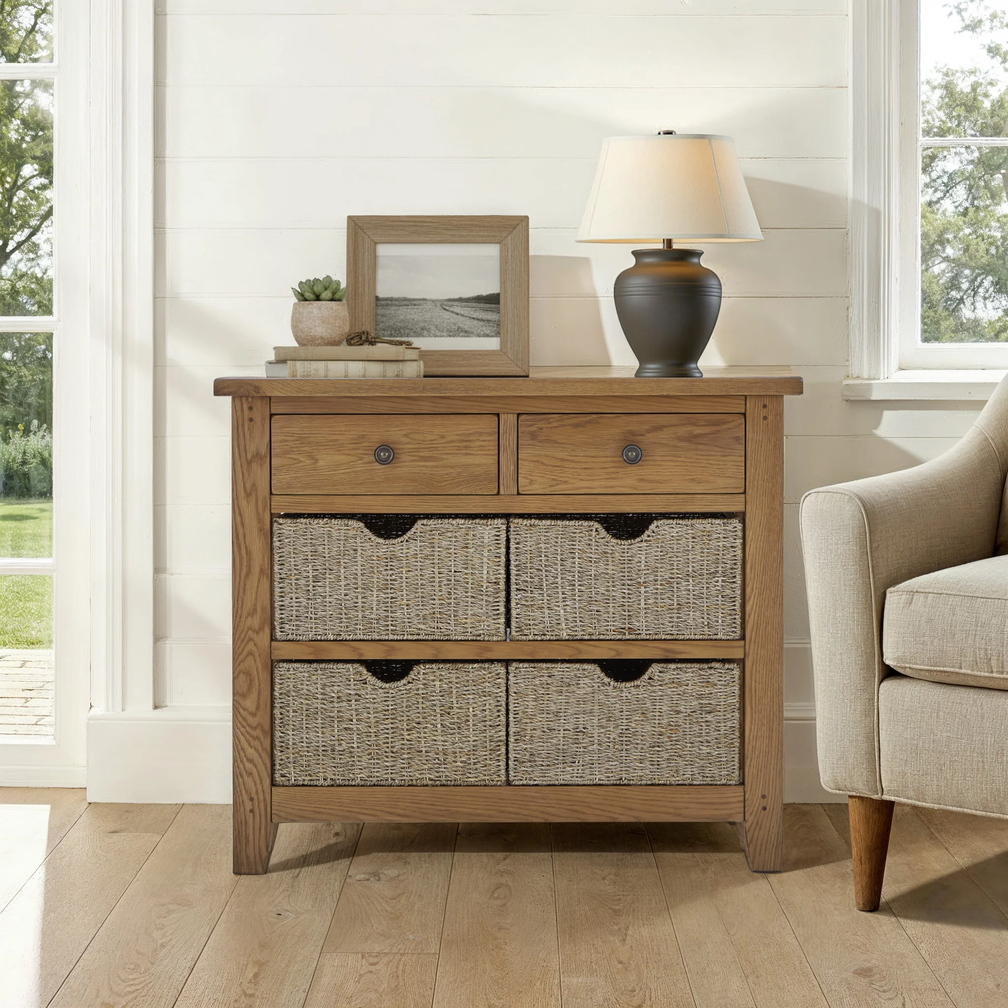 Broadway Oak Console Table with Baskets - Image 2