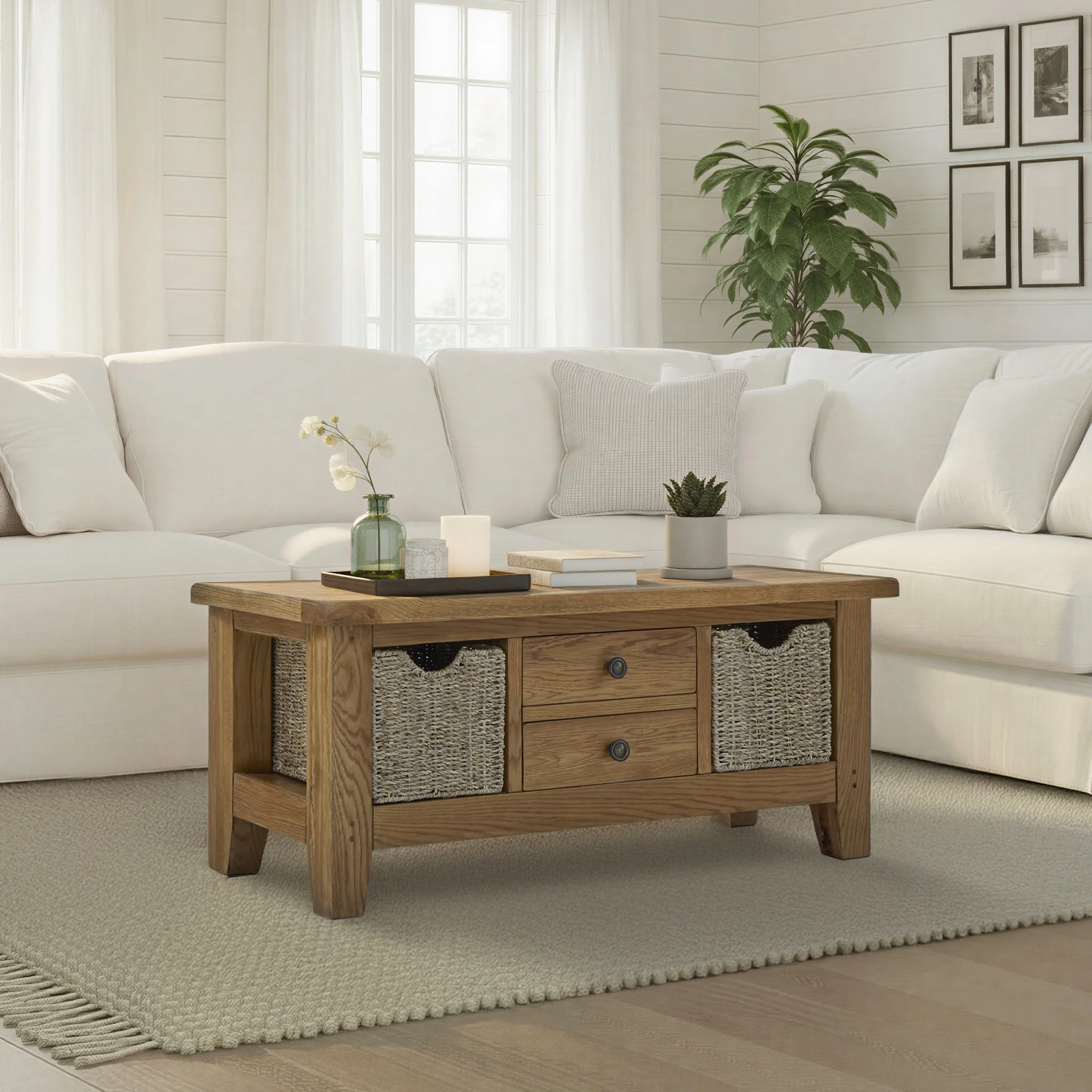 Broadway Oak Large Coffee Table with Baskets - Image 2
