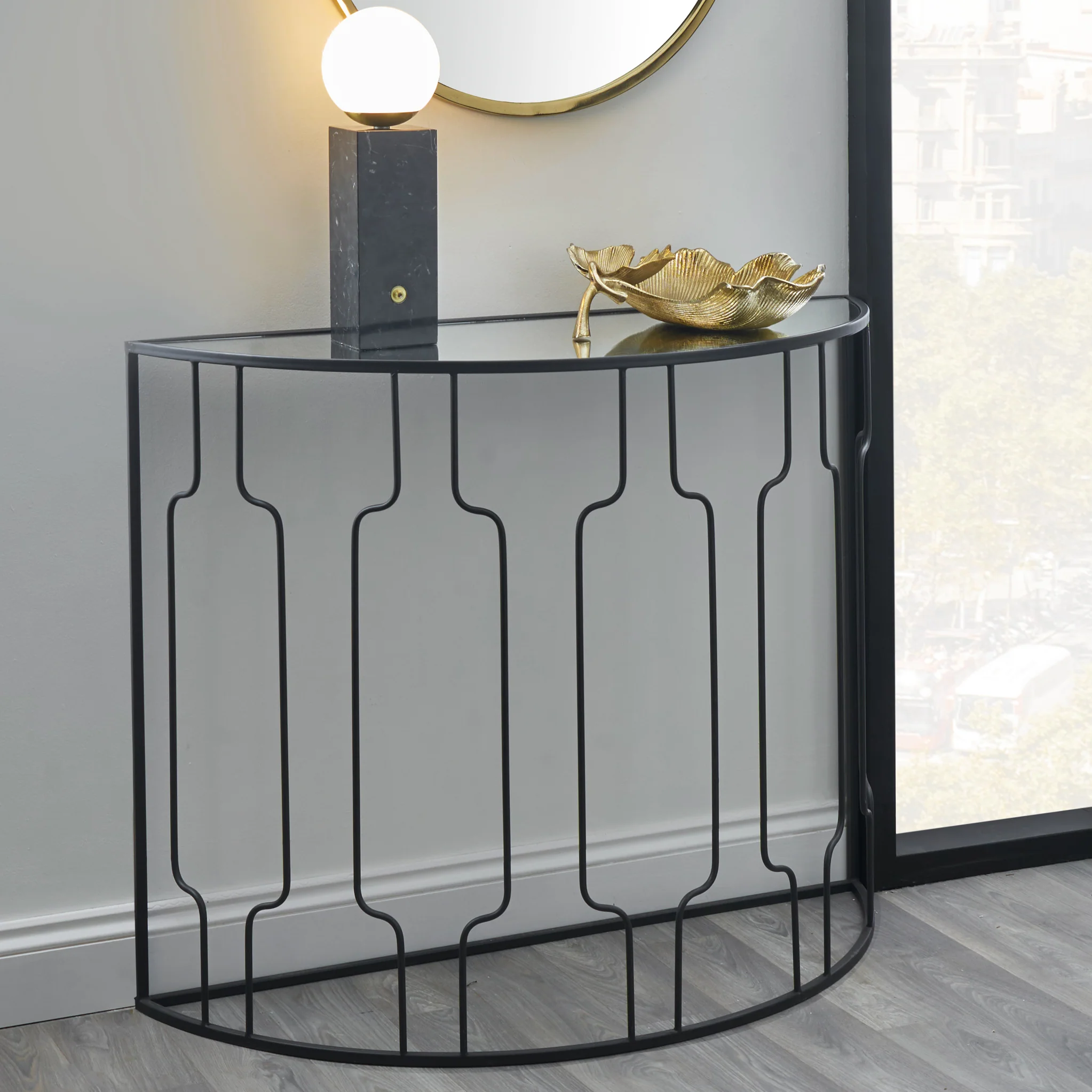 Caprisse Mirrored Glass Half Moon Console Table - Image 2