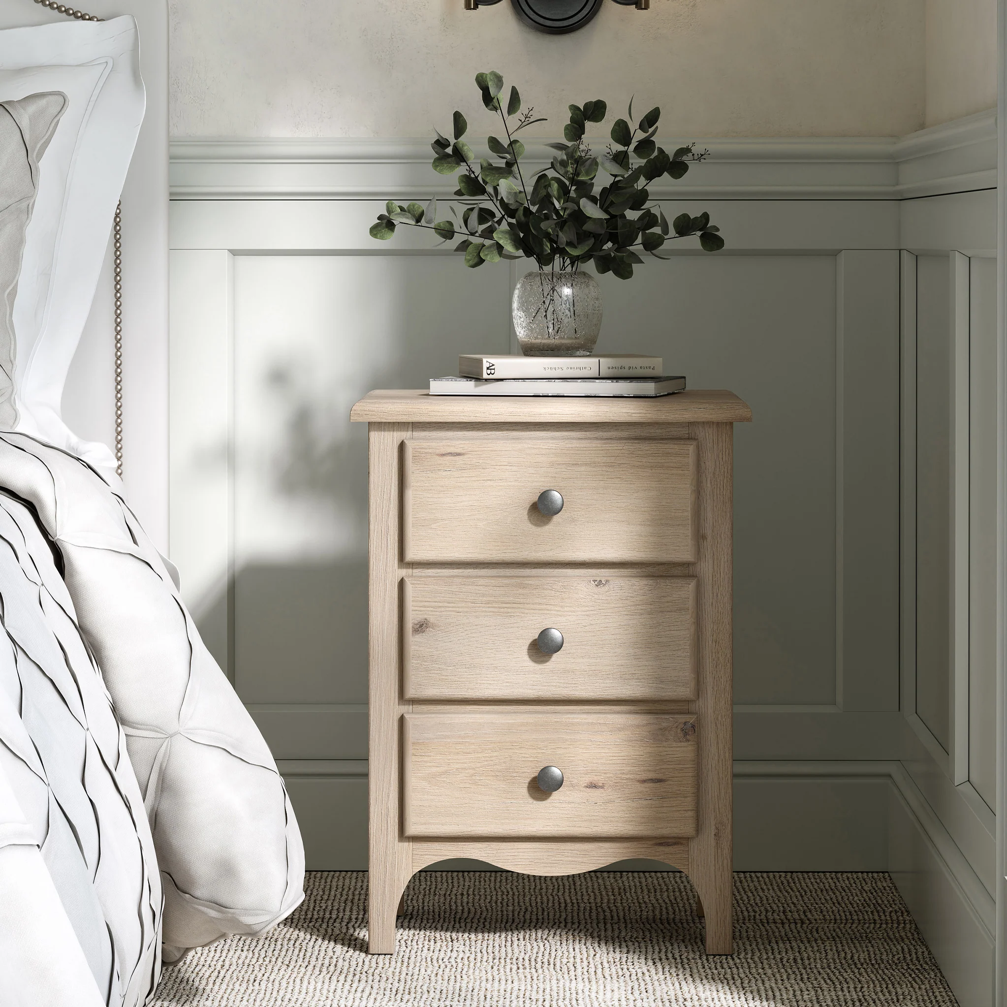 Celine Washed Oak 3 Drawer Bedside Table - Image 2