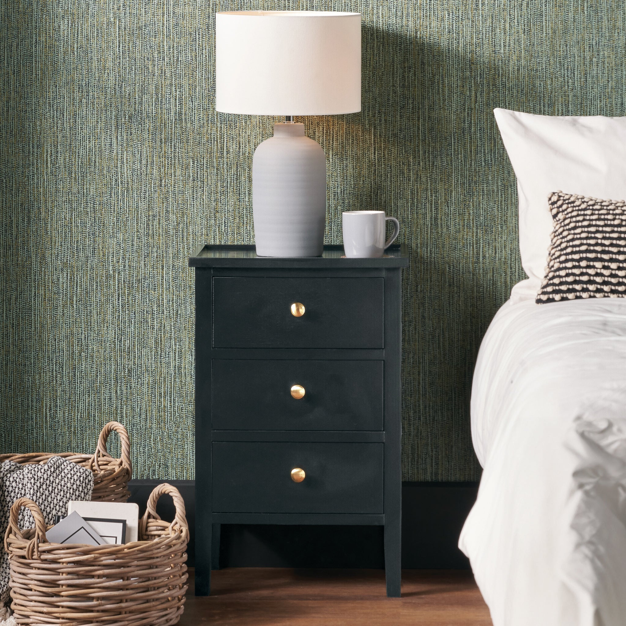 Chelmsford Satin Black Pine 3 Drawer Bedside Table - Image 2