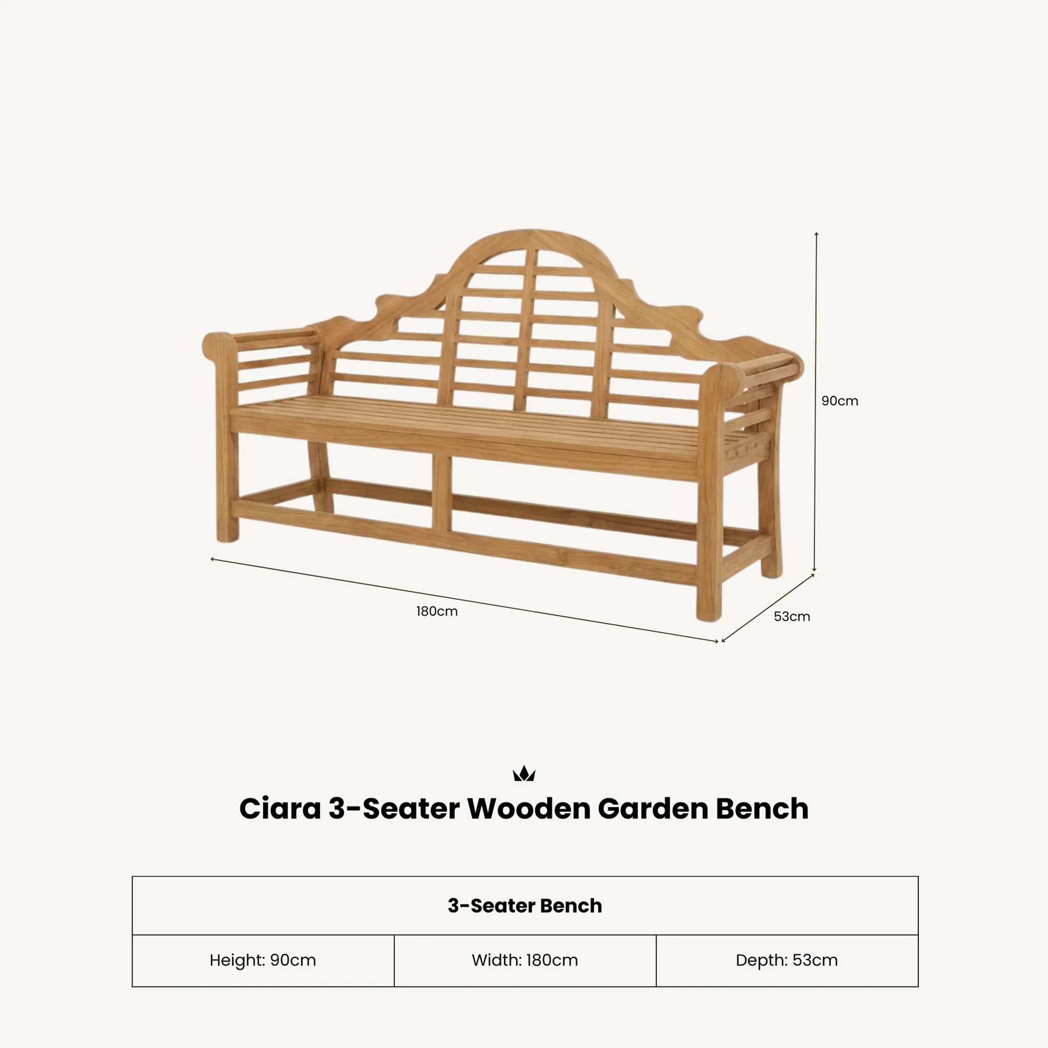 Ciara 180cm 3 Seater Acacia Garden Bench - Image 7