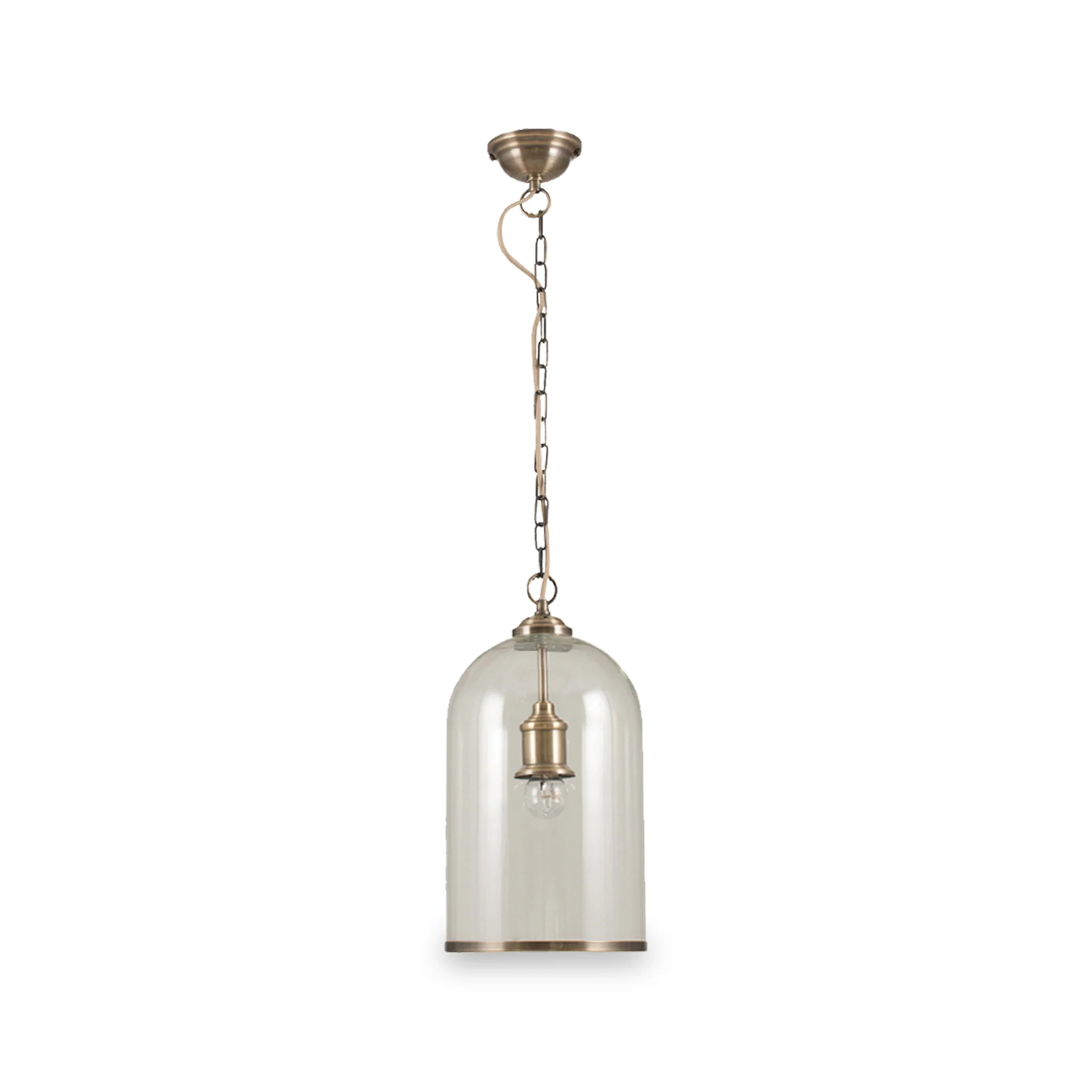 Cloche Clear Glass and Antique Brass Rimmed Pendant