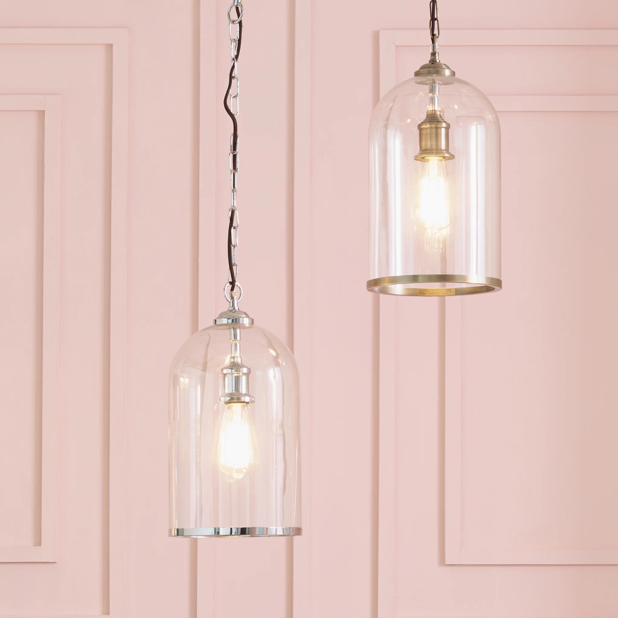 Cloche Clear Glass and Antique Brass Rimmed Pendant - Image 2