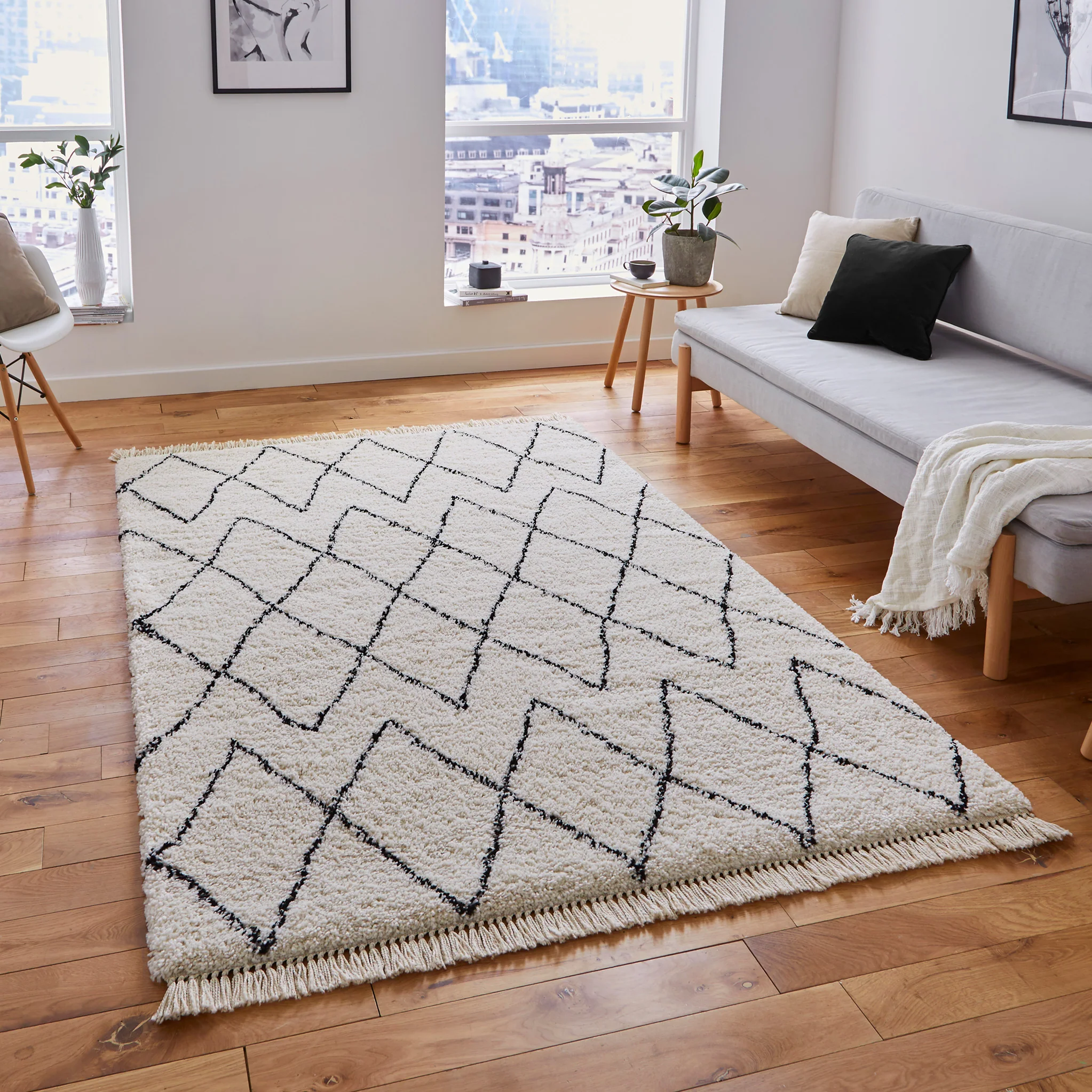 Edie Boho Diamond Shaggy Rug - Image 31