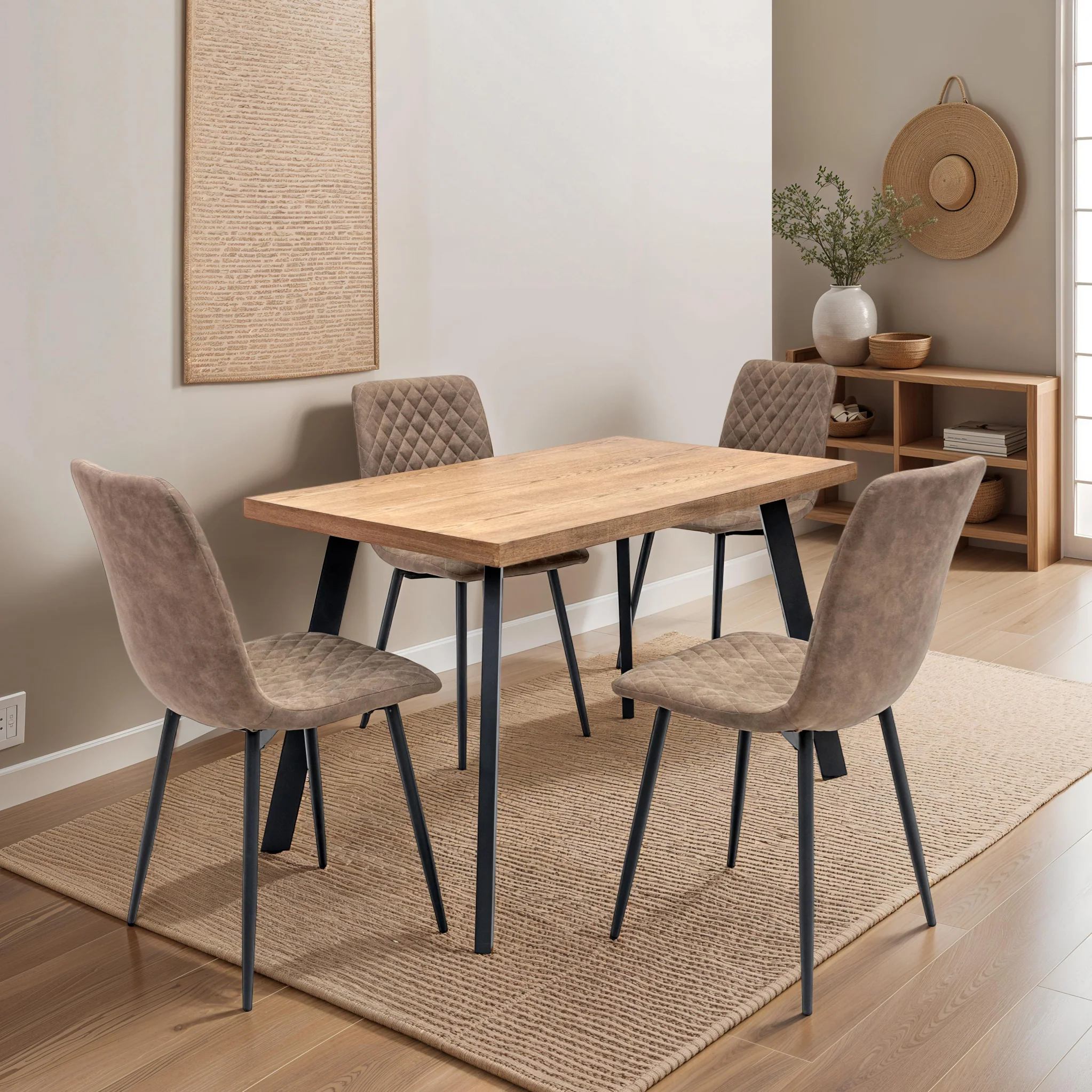 Elmont 120cm Oak Effect Dining Table with 4 Quilted Dining Chairs - Image 2