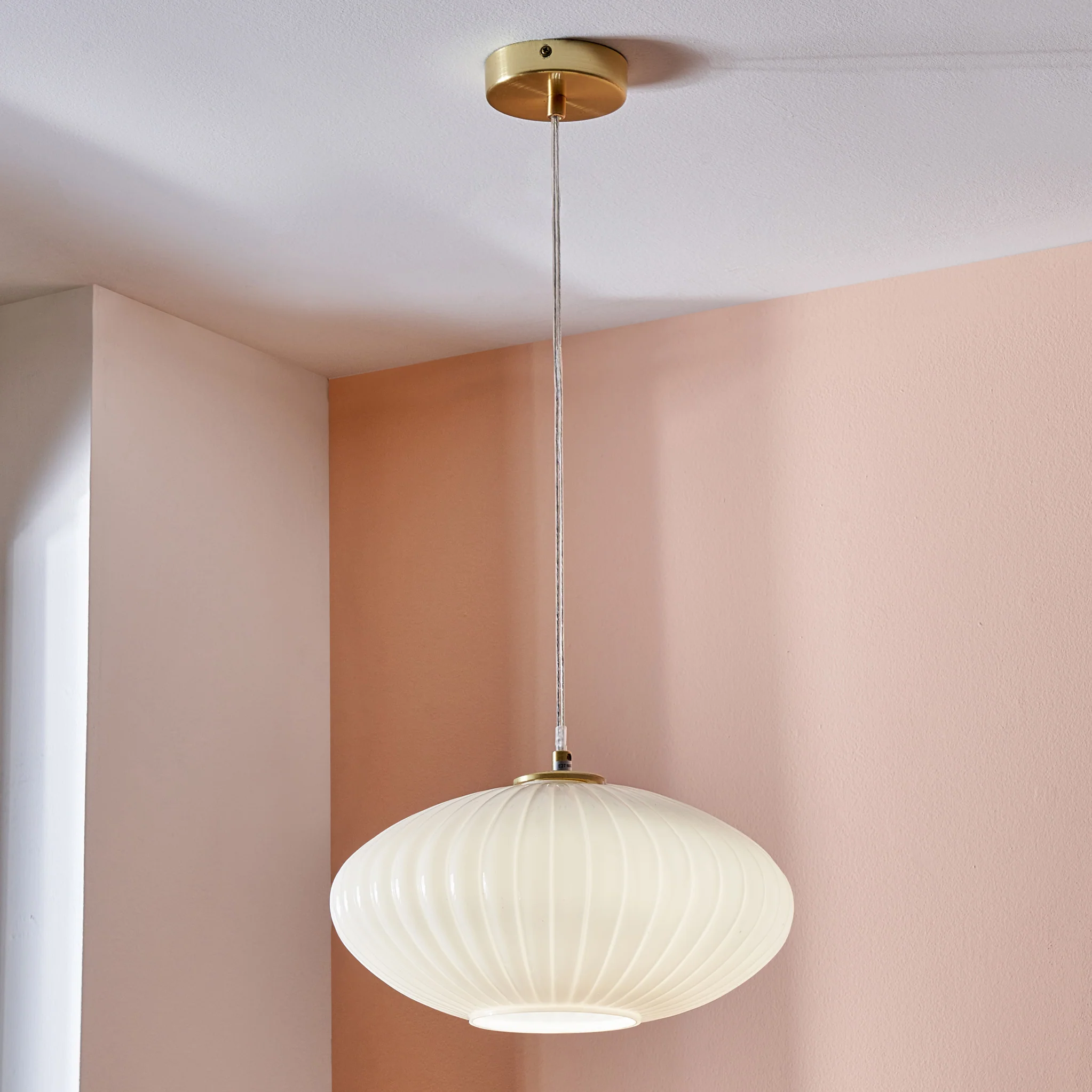 Emilia White Glass and Gold Metal Ribbed Oval Pendant - Image 2