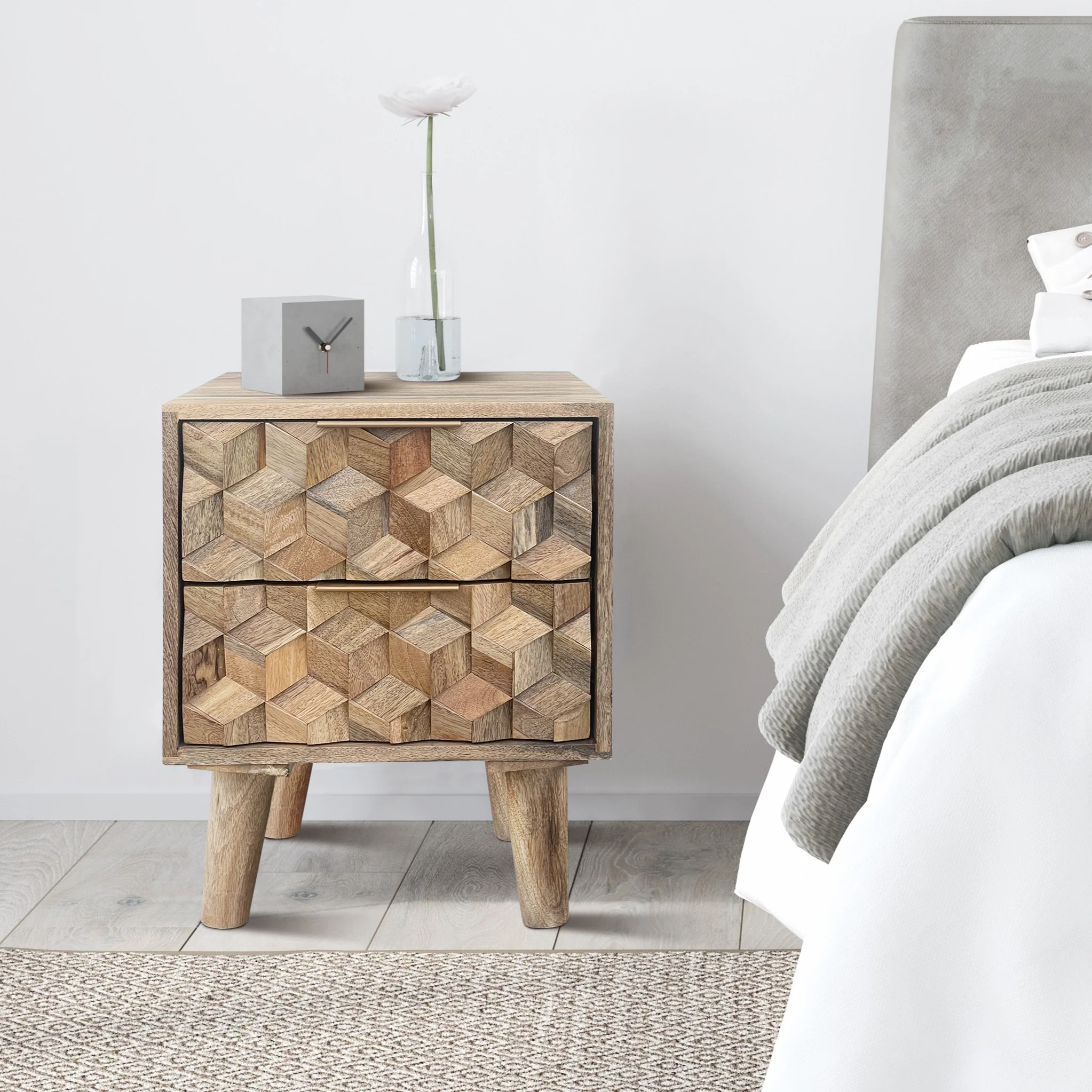 Enzo Geometric Mango Wood 2 Drawer Bedside - Image 2