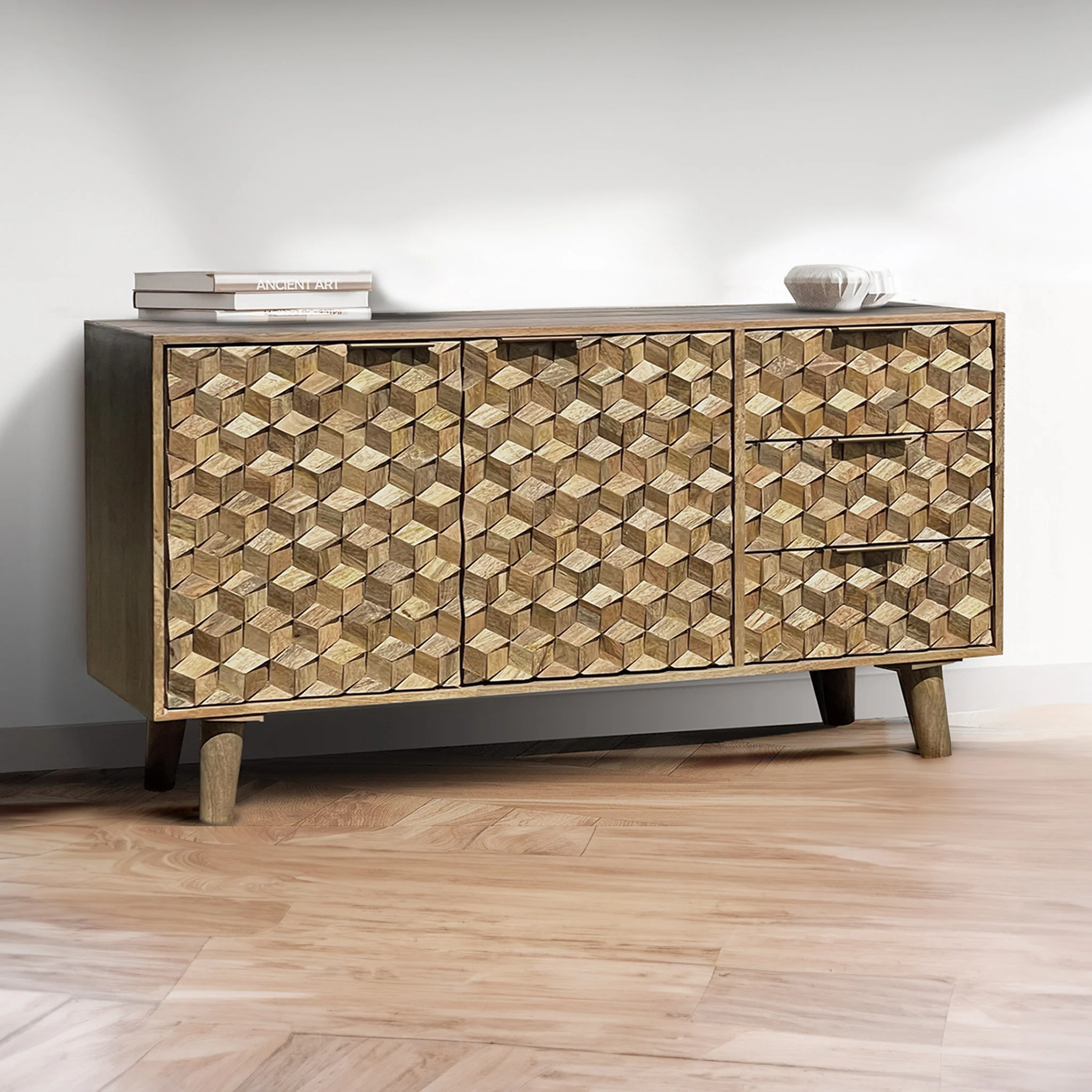Enzo Geometric Mango Wood 3 Drawer 2 Door Sideboard - Image 2